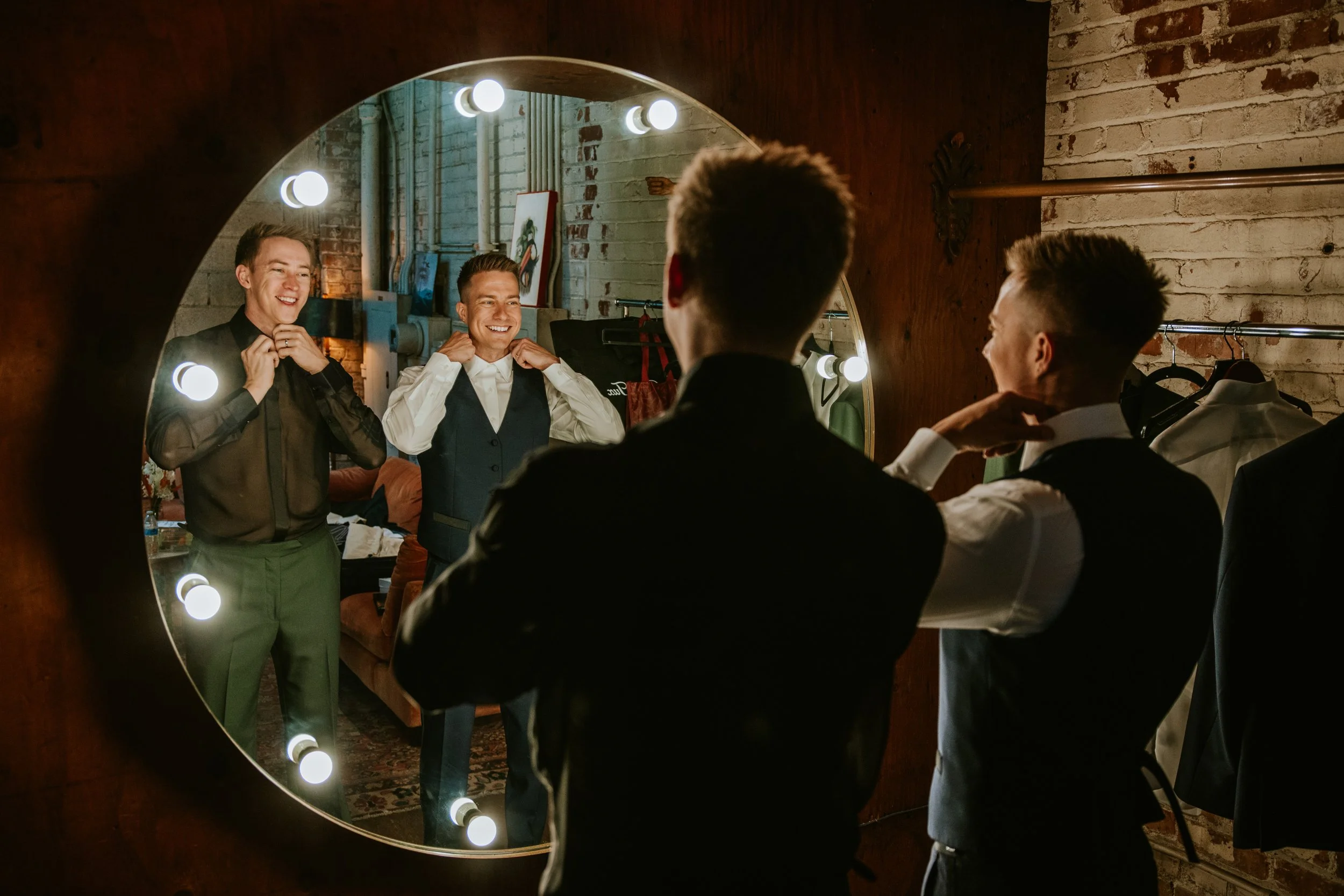 Zach and Daniel getting ready in their private green room at at Millwick by Marvimon in DTLA