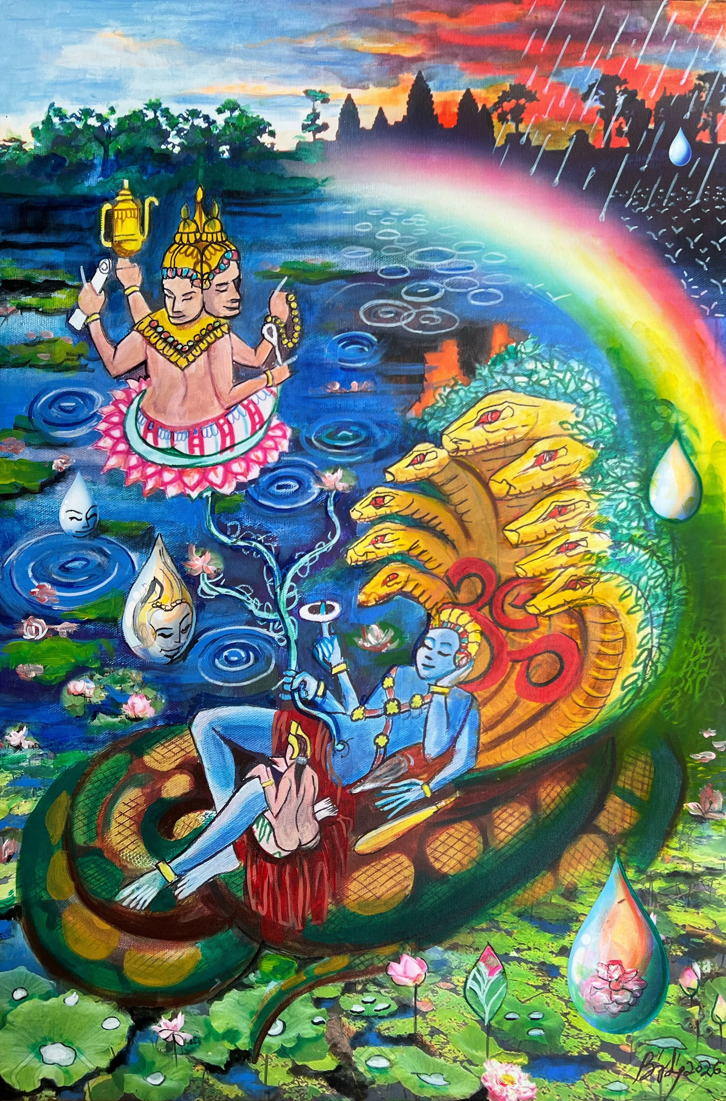 Bruno Levy Truffert,  Anandasana Après la pluie , 2026, Acrylique sur toile, 60 × 90 cm
 
Cette œuvre s’inspire de l’iconographie d’Anandasana, représentant Vishnu méditant sous le serpent Ananta après la tempête déclenchée par Shiva. Bruno Levy Truf
