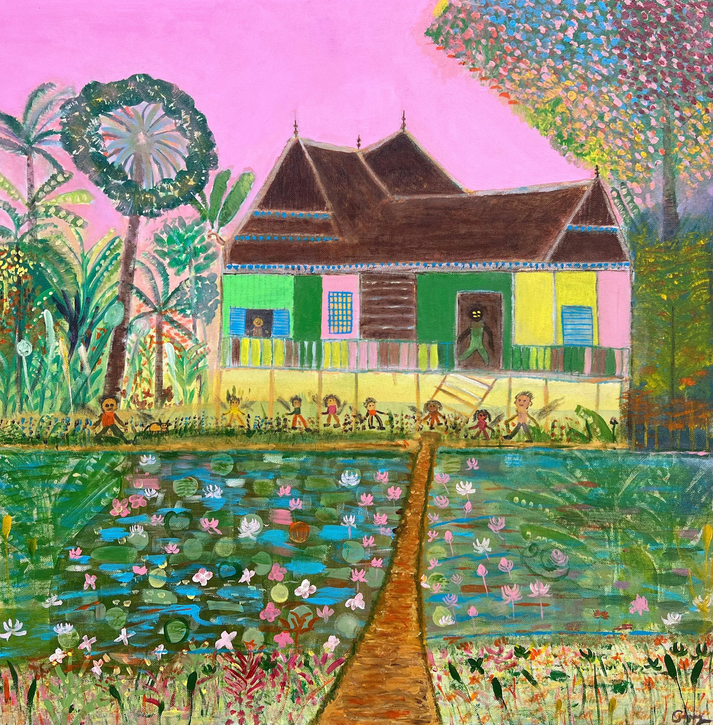 
Seyha Chhean, The Pink Hour, Prey Veng, 2026, Acrylic on Canvas, 60x60cm.

   
This painting makes me think of nice memories from my time in my home town in Prey Veng. It brings good memories of the peaceful countryside, as I’ve been living in the c