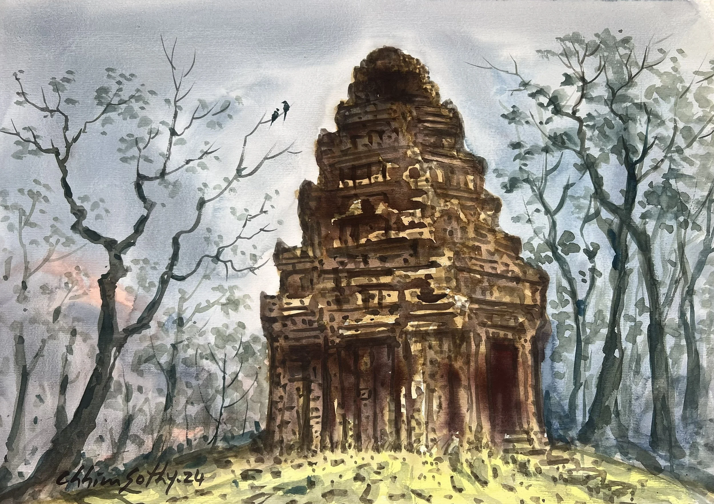 Chhim Sothy,
Khmer Temple, 2024
Watercolor on Paper
40x60cm.