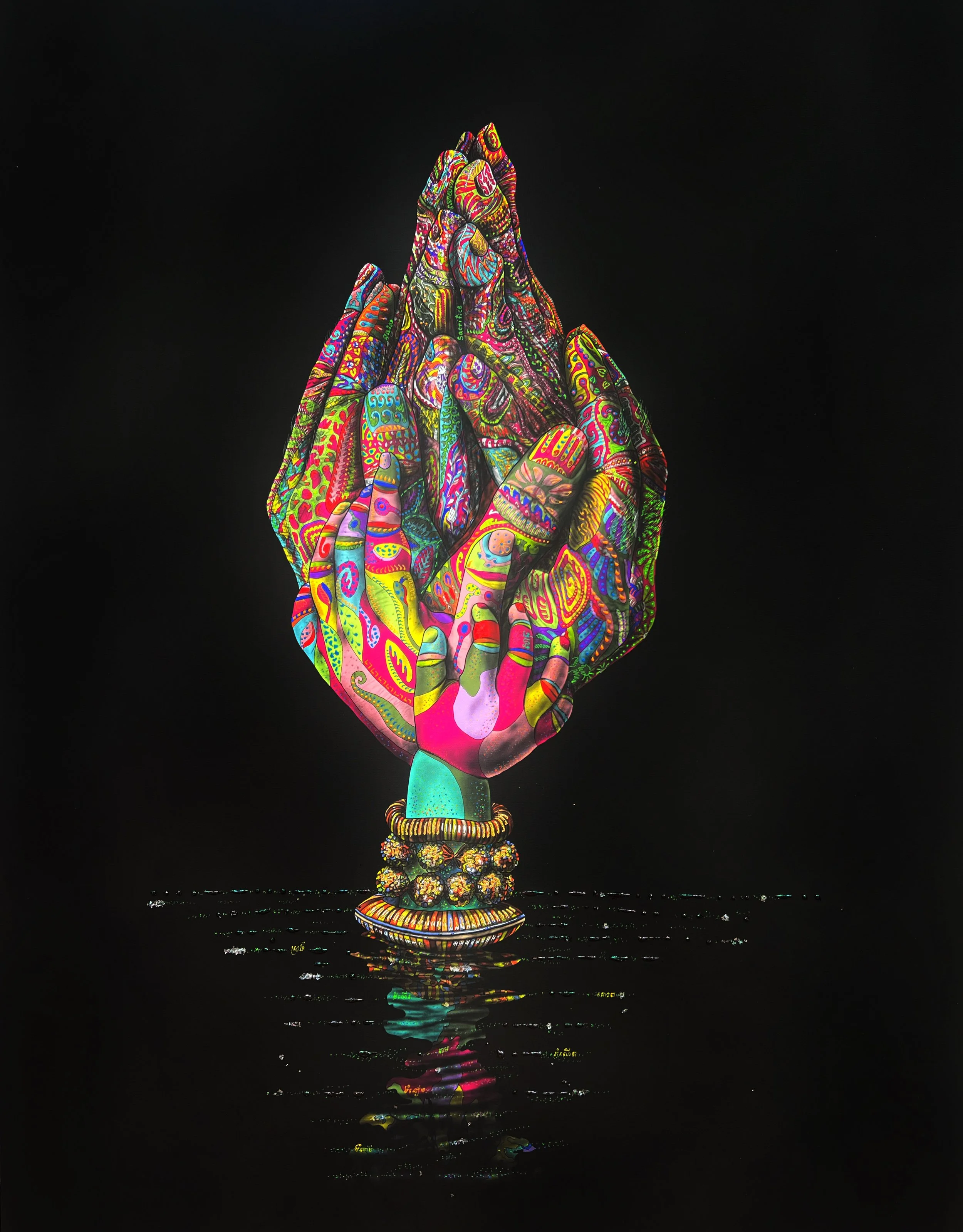Bonrotanak Rith,  Generational Flow , 2026, Acrylique, techniques mixtes, 70 × 90 cm
 
Inspirée de la symbolique bouddhiste du lotus,  Generational Flow  associe la fleur à la transmission entre générations. Les mains qui composent ses pétales évoque