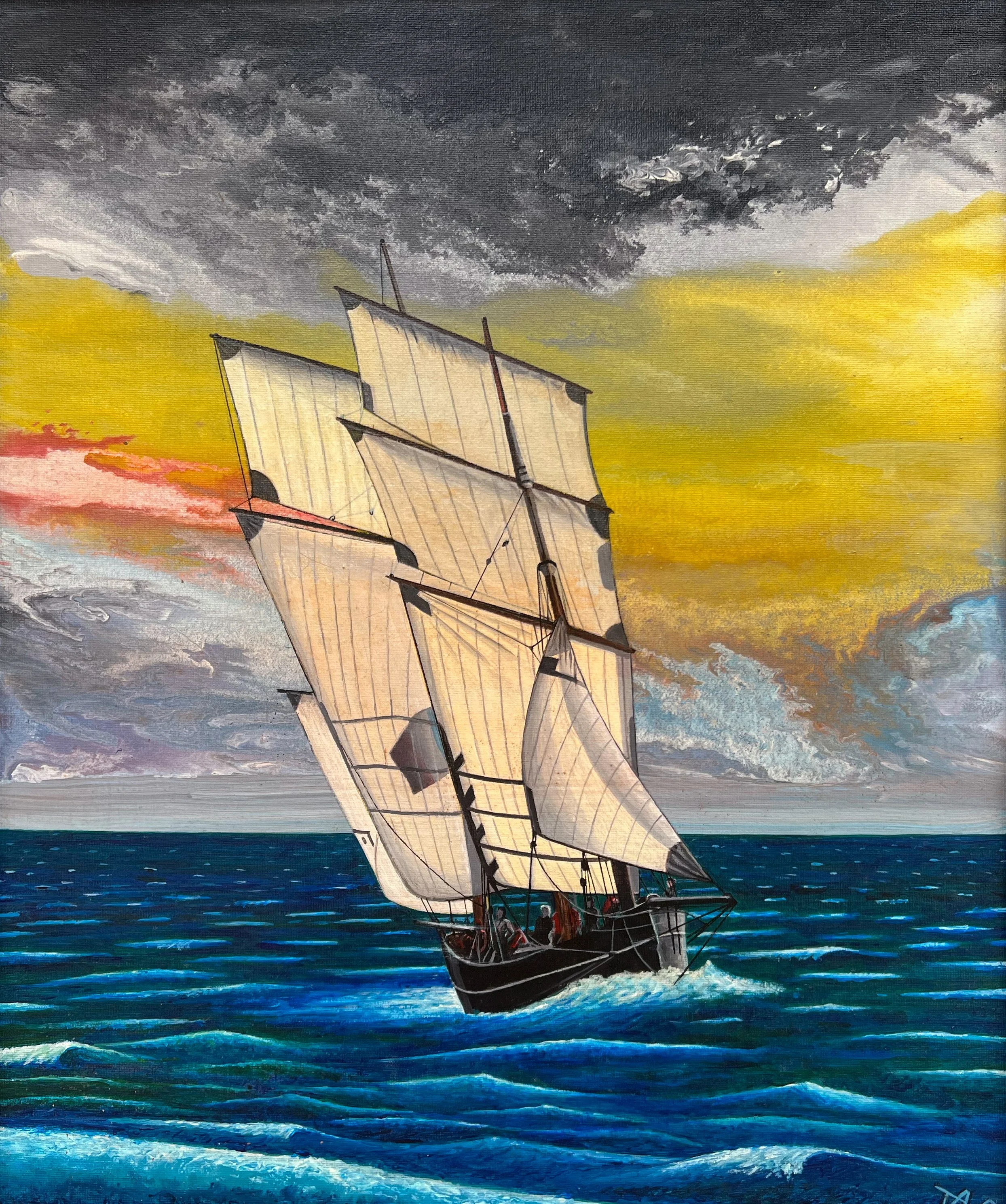 Michel-Jacques Tavoit,  Lumière après l’orage , 2021, Acrylique sur toile, 50 × 60 cm
 
Cette œuvre représente un voilier traditionnel traversant une mer encore agitée tandis qu’une lumière dorée perce à l’horizon. Sans montrer directement la pluie, 
