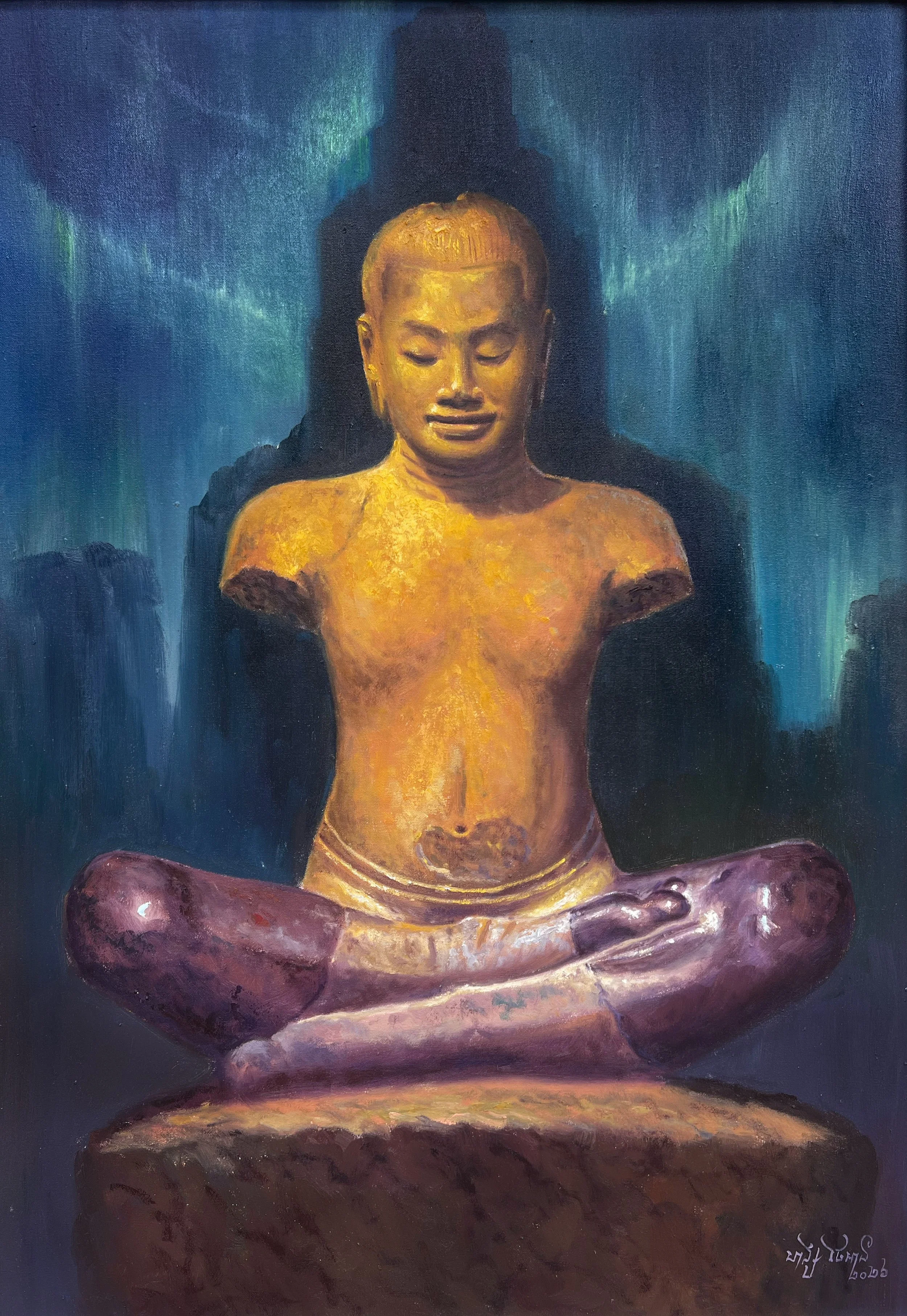 Thai AN,   េ ក រព័ស៌ - Bokaravasa,  2026, Huile sur toile, 70 × 100 cm

 េករព័ស៌ - Bokaravasa  est un terme issu de la tradition bouddhiste désignant une pluie semblable à l’eau glissant sur les feuilles de lotus. Selon l’histoire bouddhiste, lorsque