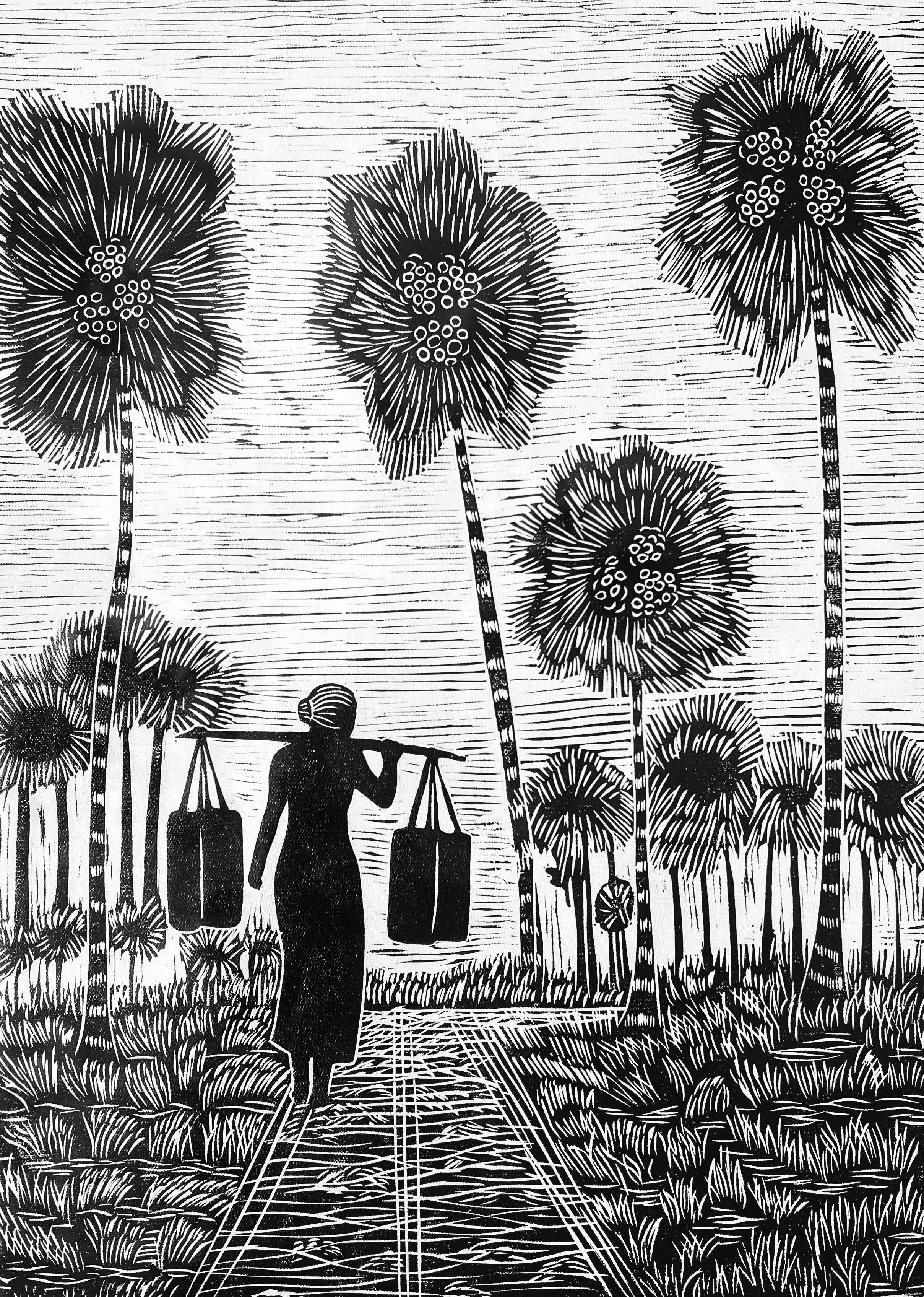 Morn Chear  
Smiles Beneath the Palm Trees, 2026 
Lino Print 
41x58cm. 
