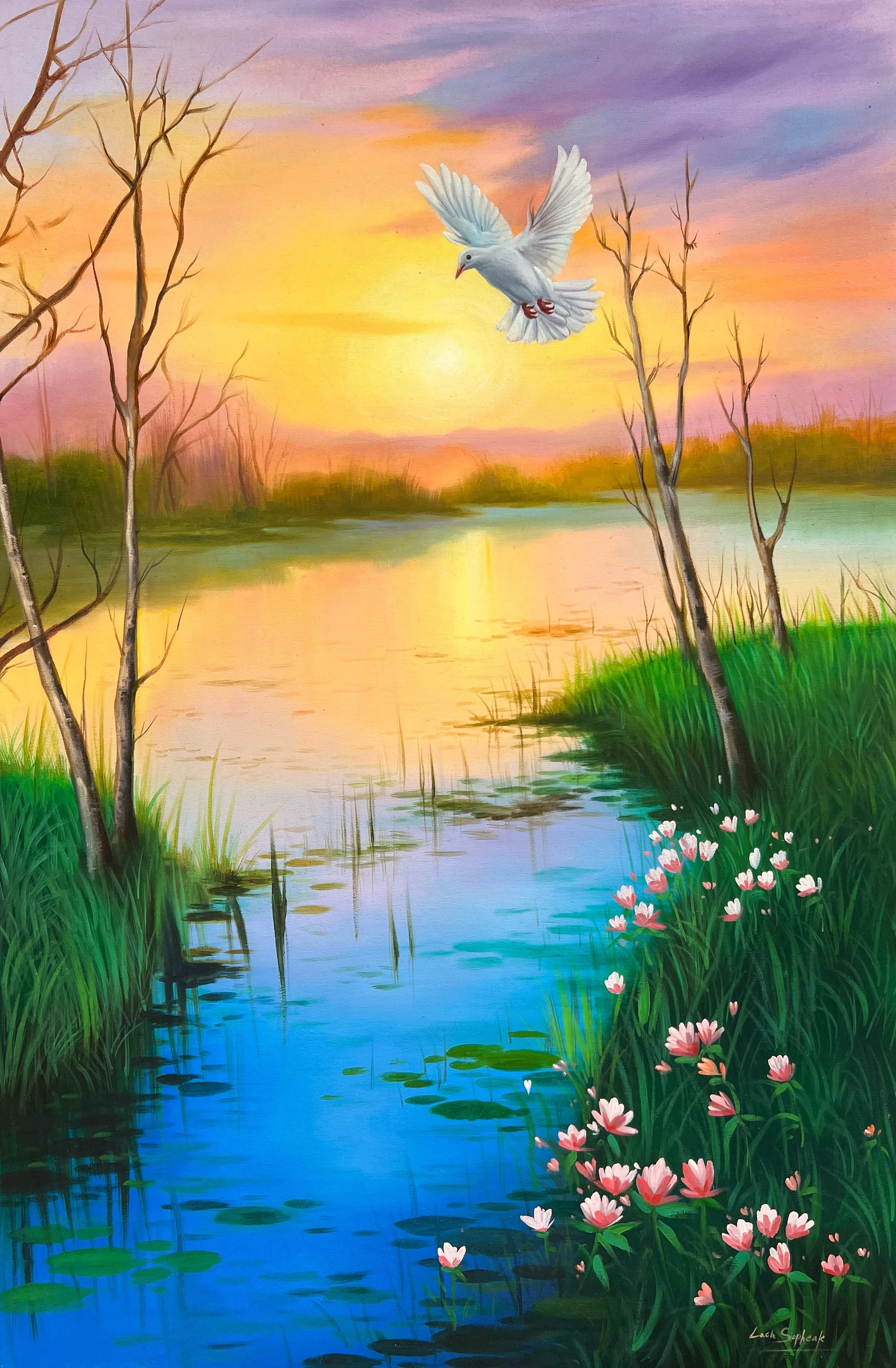 Sopheak Lach,
In His Holiness and Silence, the Mind,
Finds Peace and the Soul Feels Light, 2025,
Oil on Canvas,
60x90cm