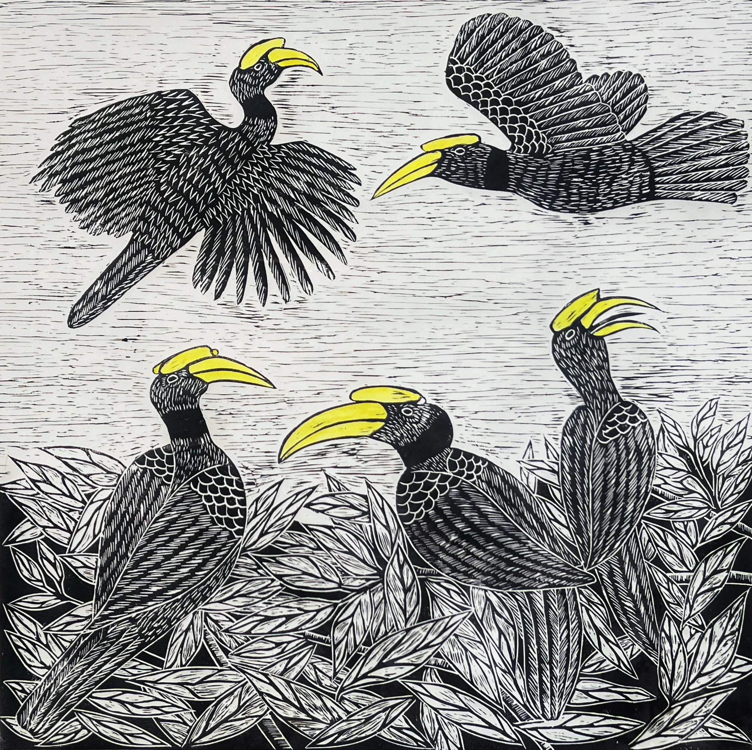 Chear Morn,
Hornbill Symbol of Loyalty, 2025,
Lino Block Print, Individually finished,
with Acrylic on Canvas