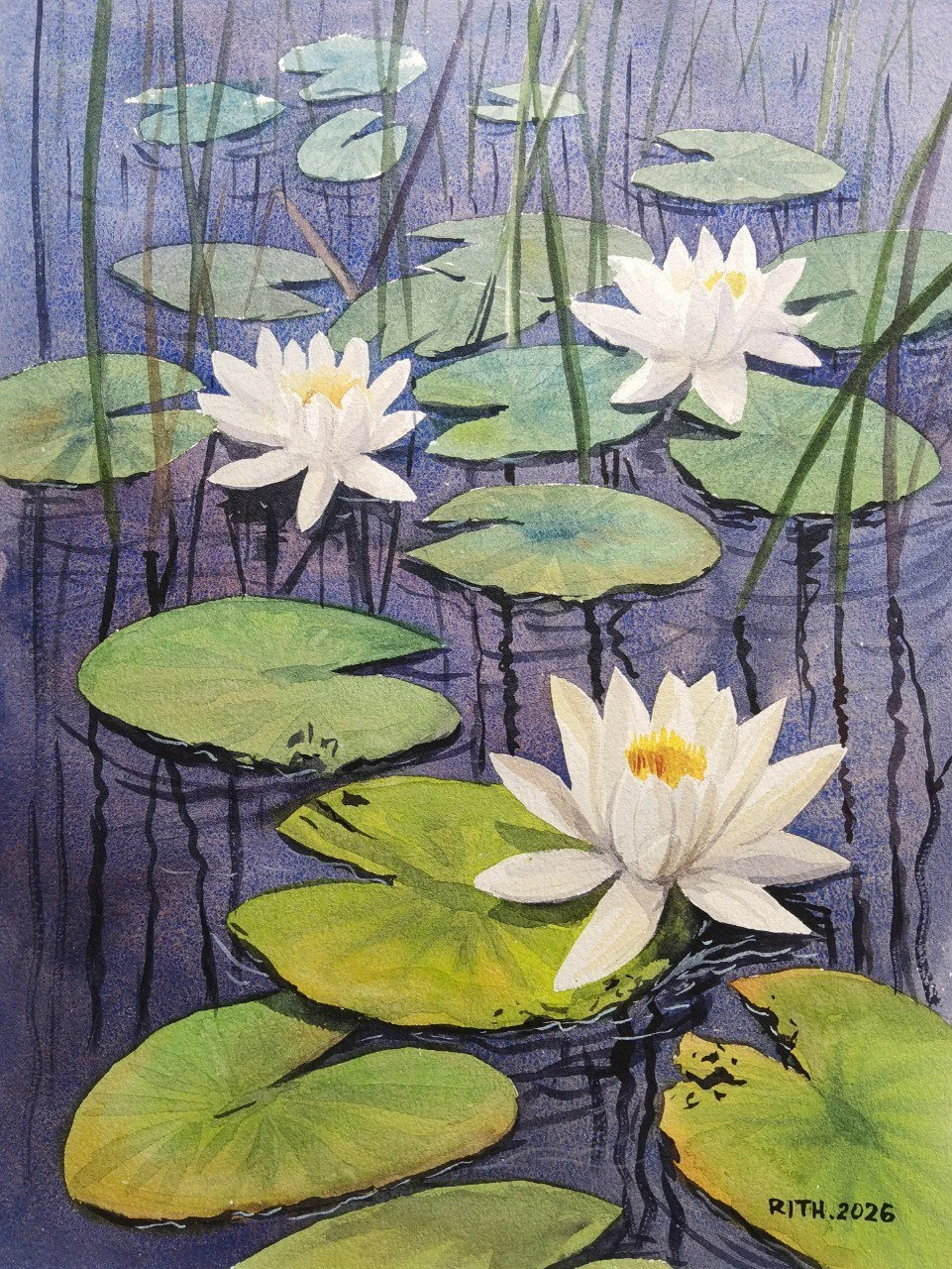 Rith Hom,  The Hardest Worker Under the Water , 2026, Aquarelle, 31 × 41 cm
 
À travers le symbole du lotus, Rith Hom explore la transformation qui suit la pluie et la capacité de la nature à renaître après l’épreuve. Si la fleur est visible à la sur