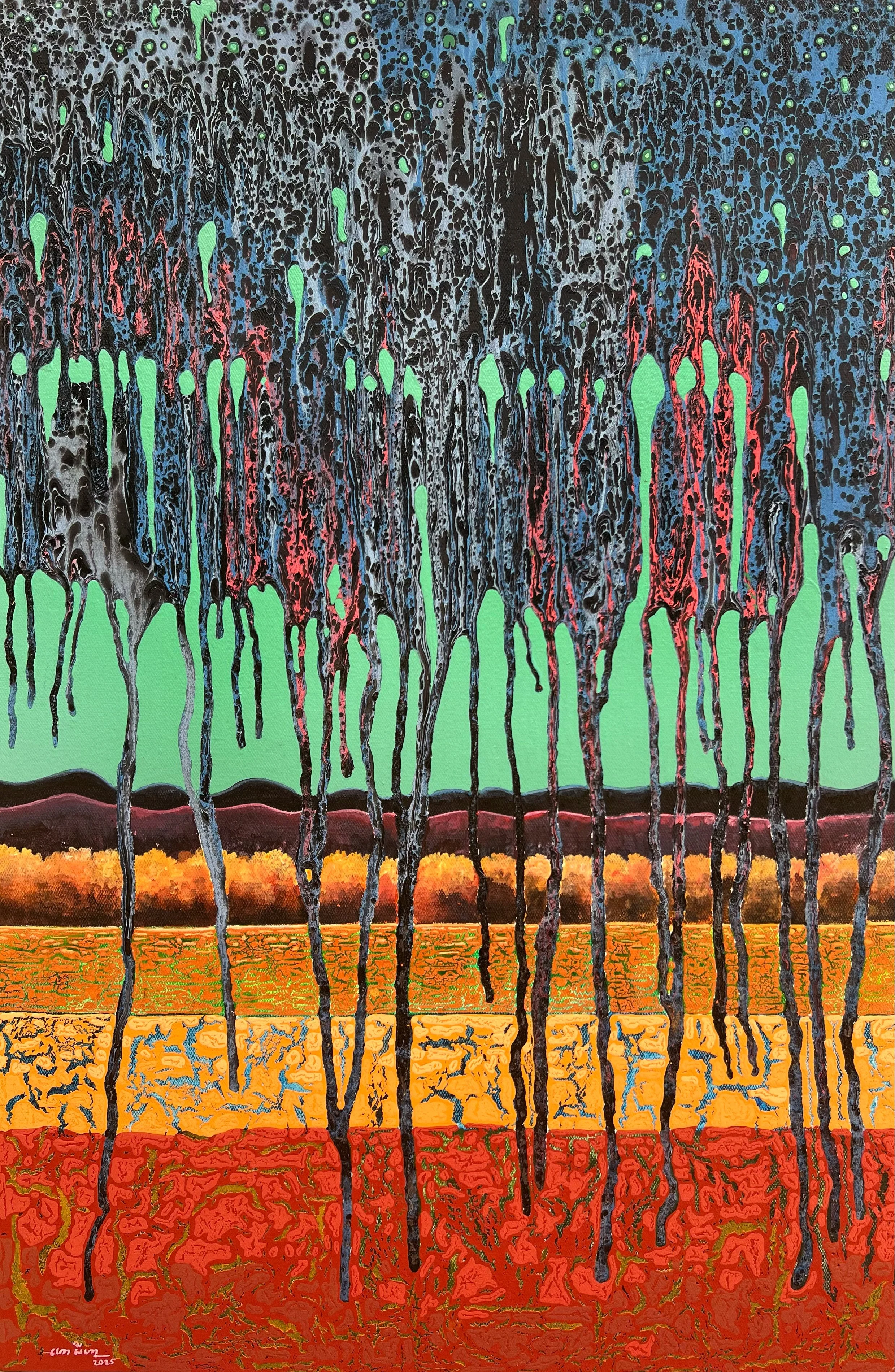 Seyha Hour,
)ភ'+ងបរ/ស1ទ2 Holy Rain, 2025
Acrylic, Enamel and Latex,
60x90cm