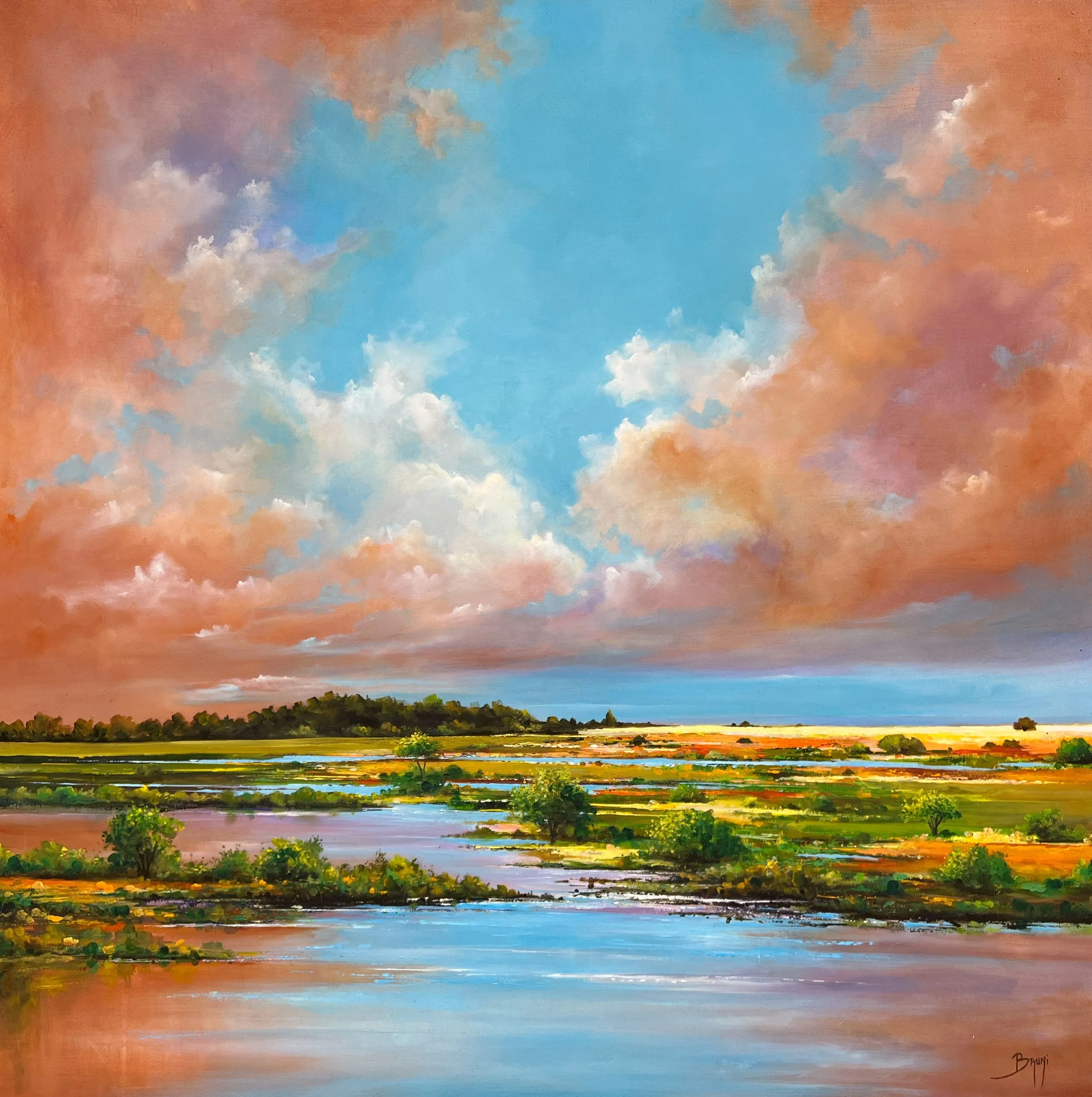 Eric Bruni,  Puits de lumière , 2026, Huile sur toile, 100 × 100 cm
 
Dans sa pratique picturale, Eric Bruni explore la nature comme le miroir de son attachement aux terres qu’il habite. Installé au Cambodge, il
s’intéresse particulièrement à la puis