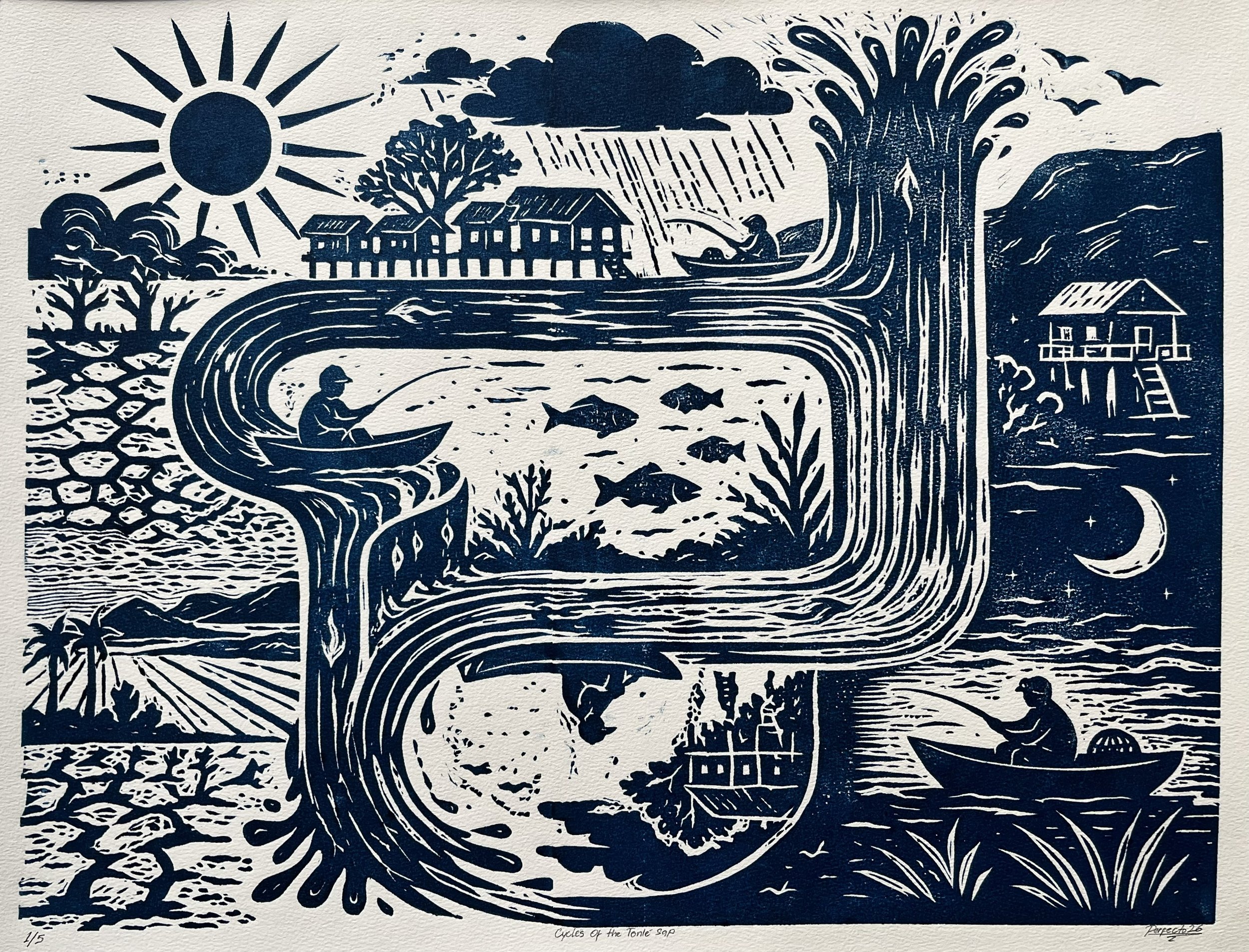Toto Educk,
Cycles of the Tonlé Sap, 2026
Linocut Print
46x59.5cm.
   
Cycles of the Tonlé Sap reflects the cyclical rhythms of the Tonlé Sap, where water expands, recedes, and reverses direction with the changing seasons. In the work, water flows up