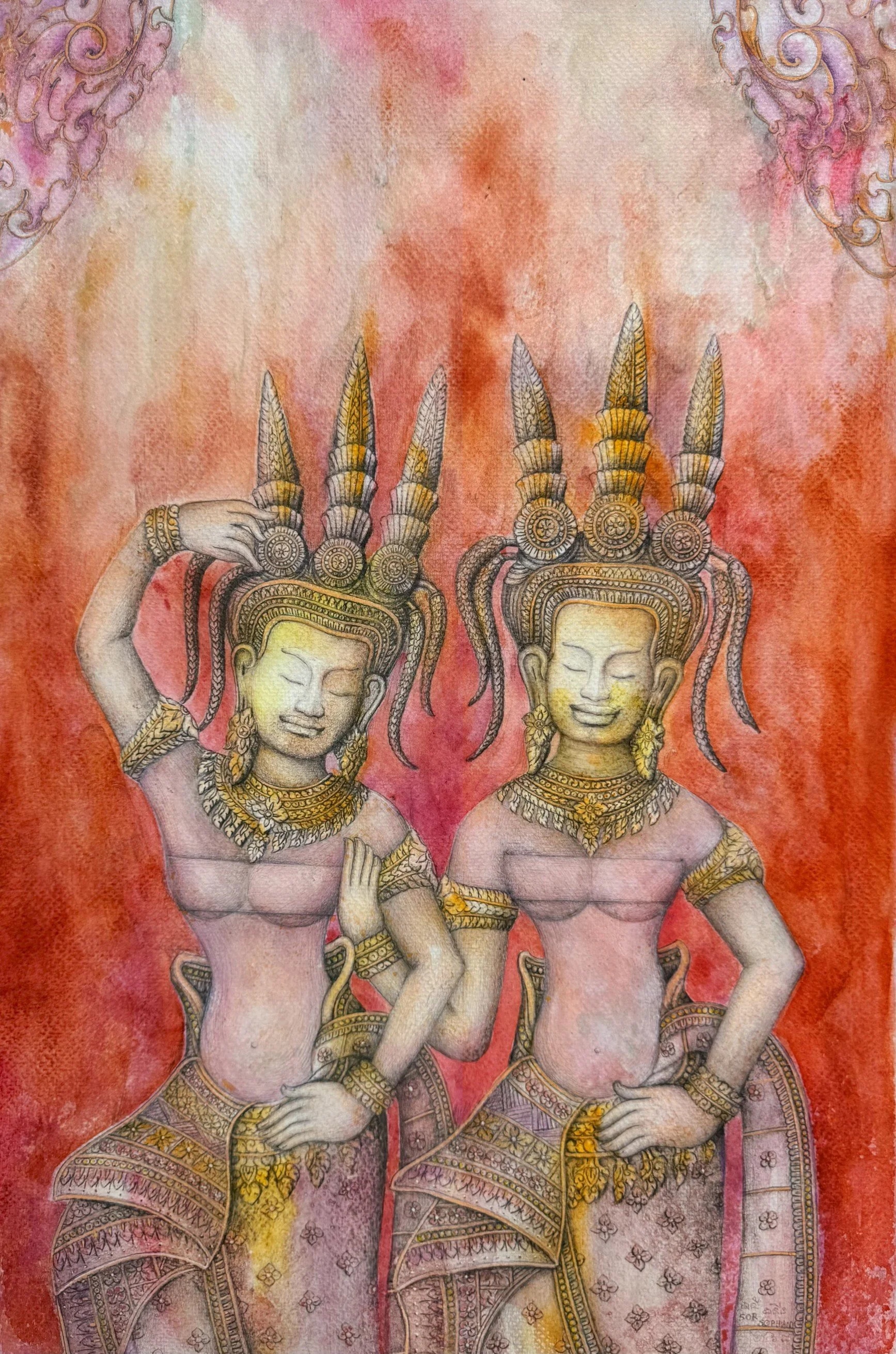 Sor Sophany, and Kbach detailing by Sophanin Sor, (twins, b. 1989), Sister Apsaras, 2024, Watercolor and Pencil on Paper, 34x51.5cm 
