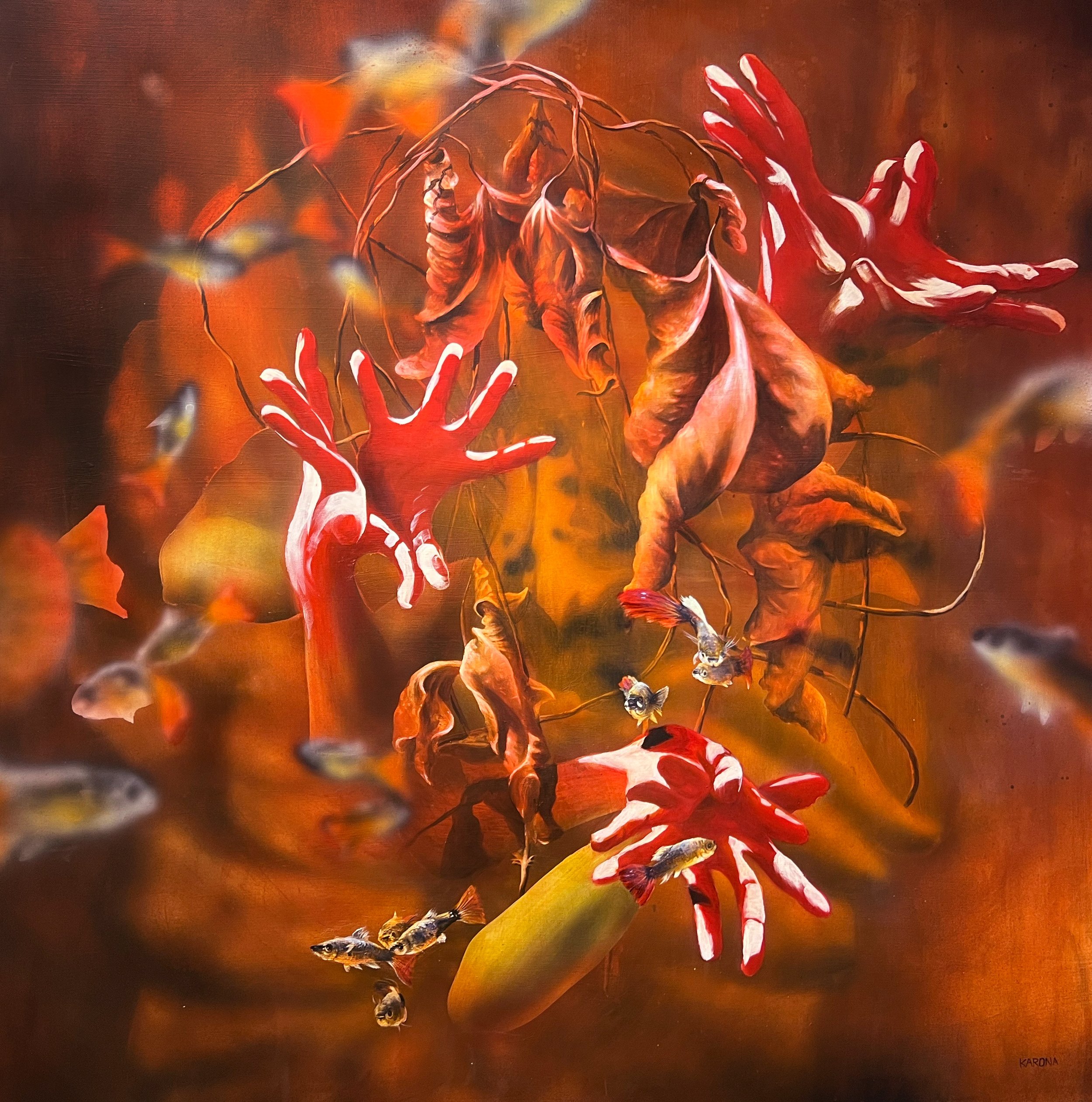 Hoeuy Karona,  Blooming , 2026, Acrylique sur toile, 100 × 100 cm
 
Dans  Blooming , Hoeuy Karona explore le rapport entre mémoire, perte et renouveau. Les feuilles sèches représentent les personnes, les moments et les souvenirs qui appartiennent au 