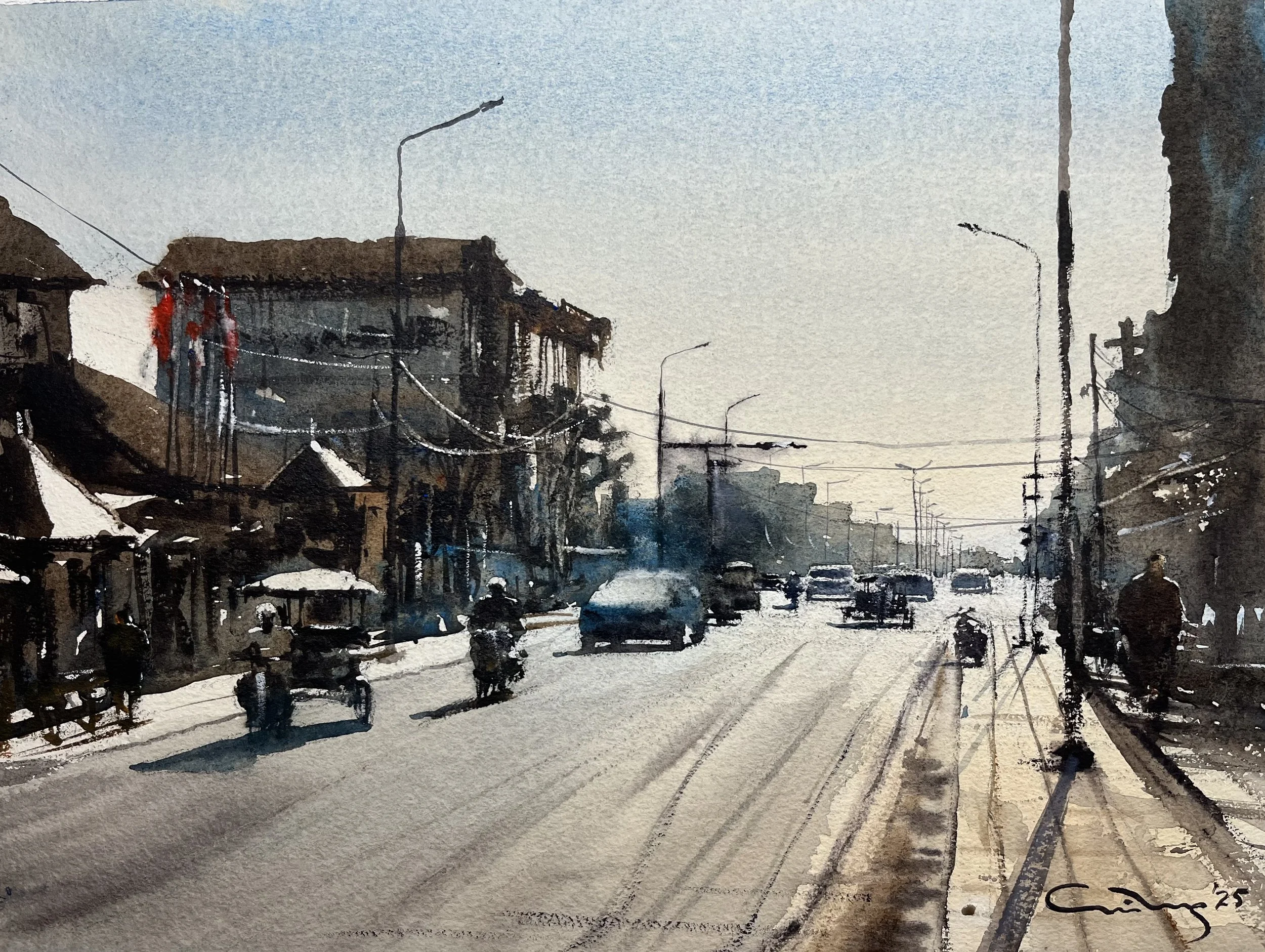 Art Foo 
Morning Rush Hour, Siem Reap, 2025  
Watercolor 
30x40cm. 