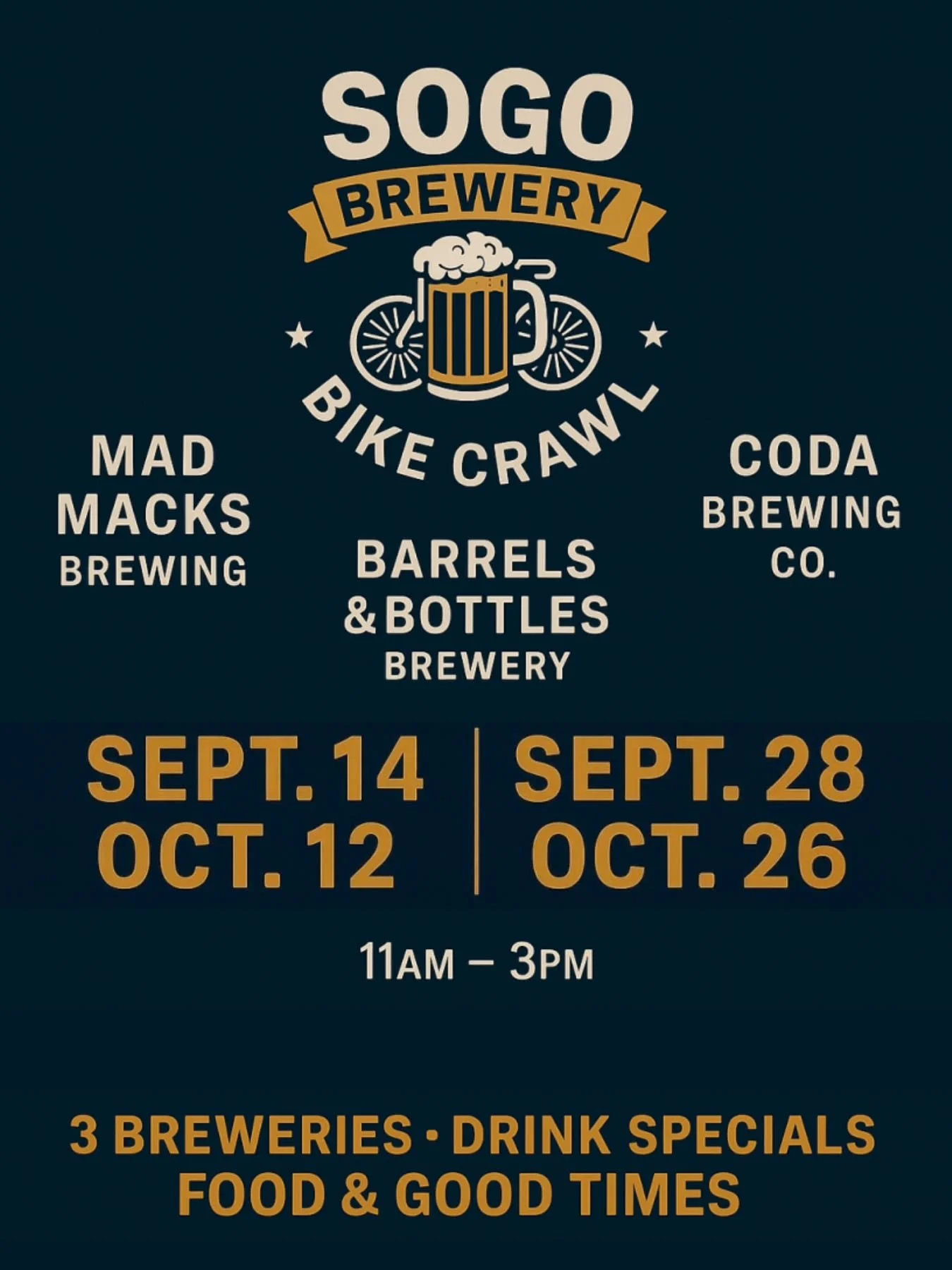 Mark your calendars: SOGO Brewery Bike Crawl is back! Join us for a guided ride through South Golden&rsquo;s craft breweries every other Sunday this fall! Four chances to ride, sip, and celebrate with Mad Macks, Barrels &amp; Bottles, and CODA. Good 