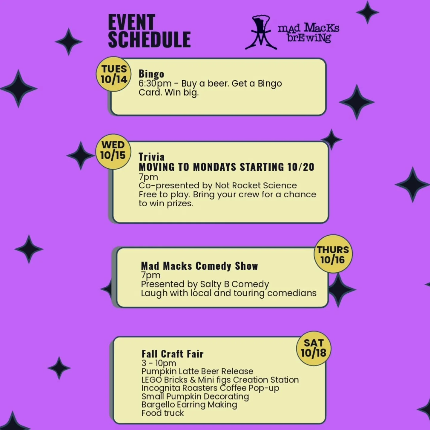 Check out this week's events from Trivia to our Fall Craft Fair we have you covered!