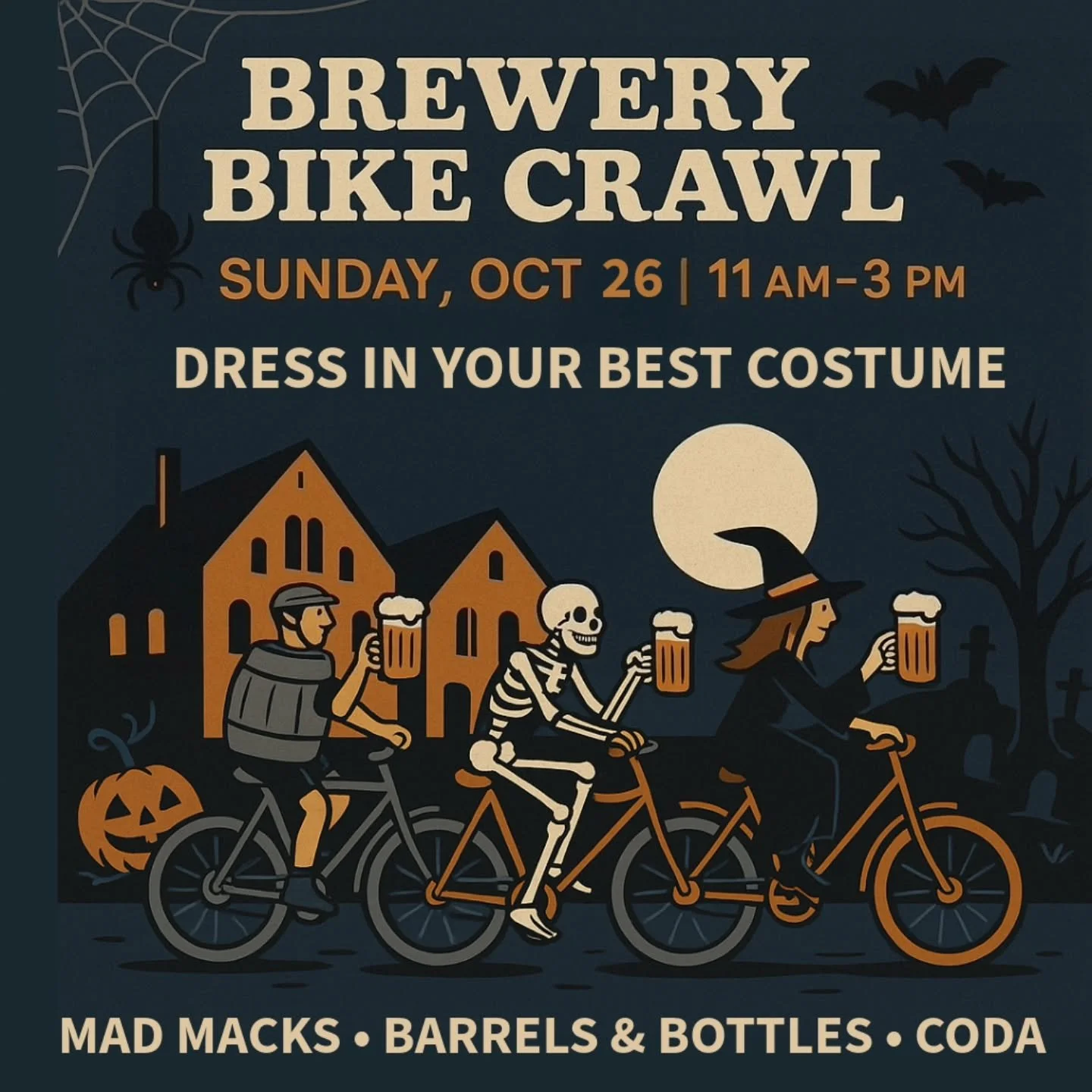 Our last Bike Brewery Crawl is on Oct. 26 from 11am to 3pm. To celebrate the spooky season we're planning to dress up in our best Halloween attire so please join in the fun!

No registration needed. 

Leaving Mad Macks at 12 for Barrels &amp; Bottles
