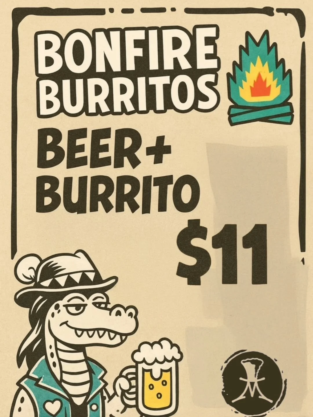Check out our daily deal! $11 gets you a @bonfireburritos and a beer. Come enjoy anytime!