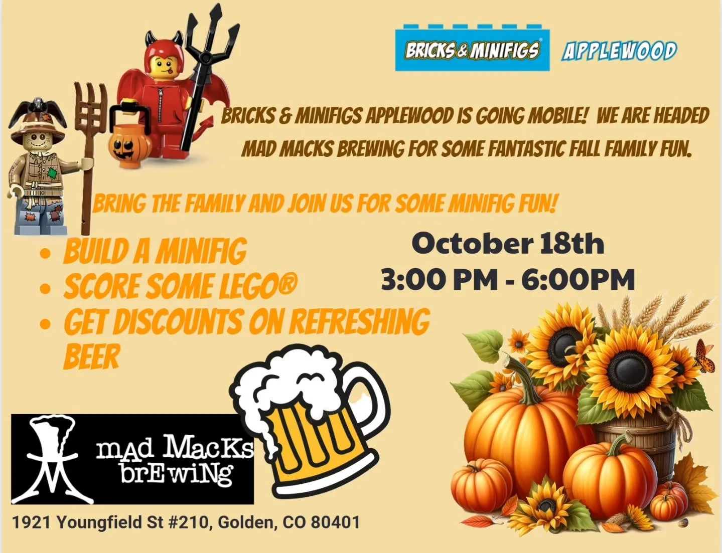 Join us for a day of festive fall fun and celebrate the season with hands-on crafts and cozy sips at our Fall Craft Fair!

Pumpkin Latte Beer Release

LEGO @theminifigco Creation Station

@incognitaroasters Coffee Pop-up

gbfishnchipsco Food Truck

S
