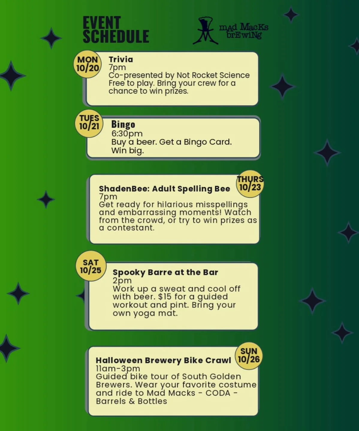 This week events are hauntingly good. Join us for a spooky barre workout, our Halloween Bike Crawl or our weekly trivia and bingo games.

See you soon!