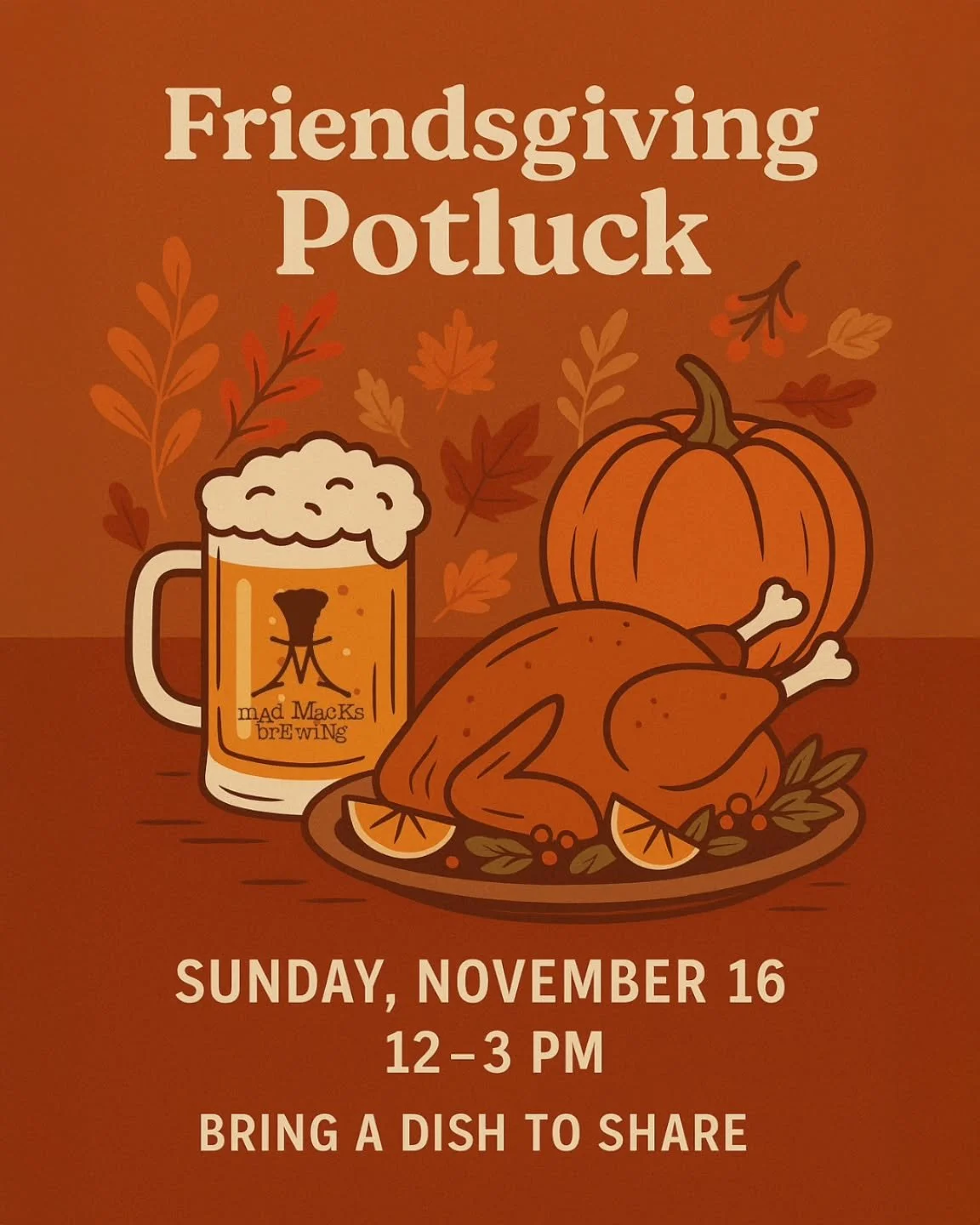 Come share good food, great beer, and cozy fall vibes!

Bring a favorite dish to share and gather with our brewery family for an afternoon of community and comfort. 

What to Bring:
A sharable dish (app, side, main, or dessert)

A serving utensil fo