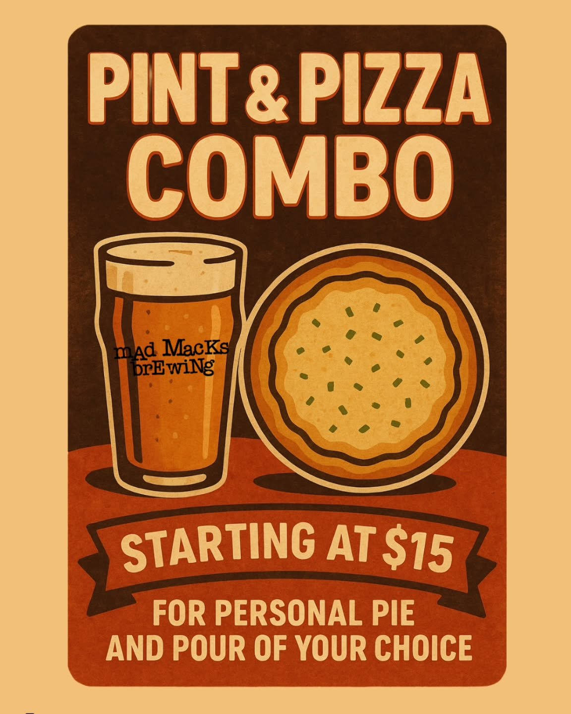 New Steal of a Deal! Grab a pint of your favorite brew and a personal cheese pizza for just $15!
Feeling fancy? Upgrade to pepperoni or deluxe for a little extra love. Come into our taproom today and enjoy @rockymountainpizza

#PintAndPizza #StealOfA