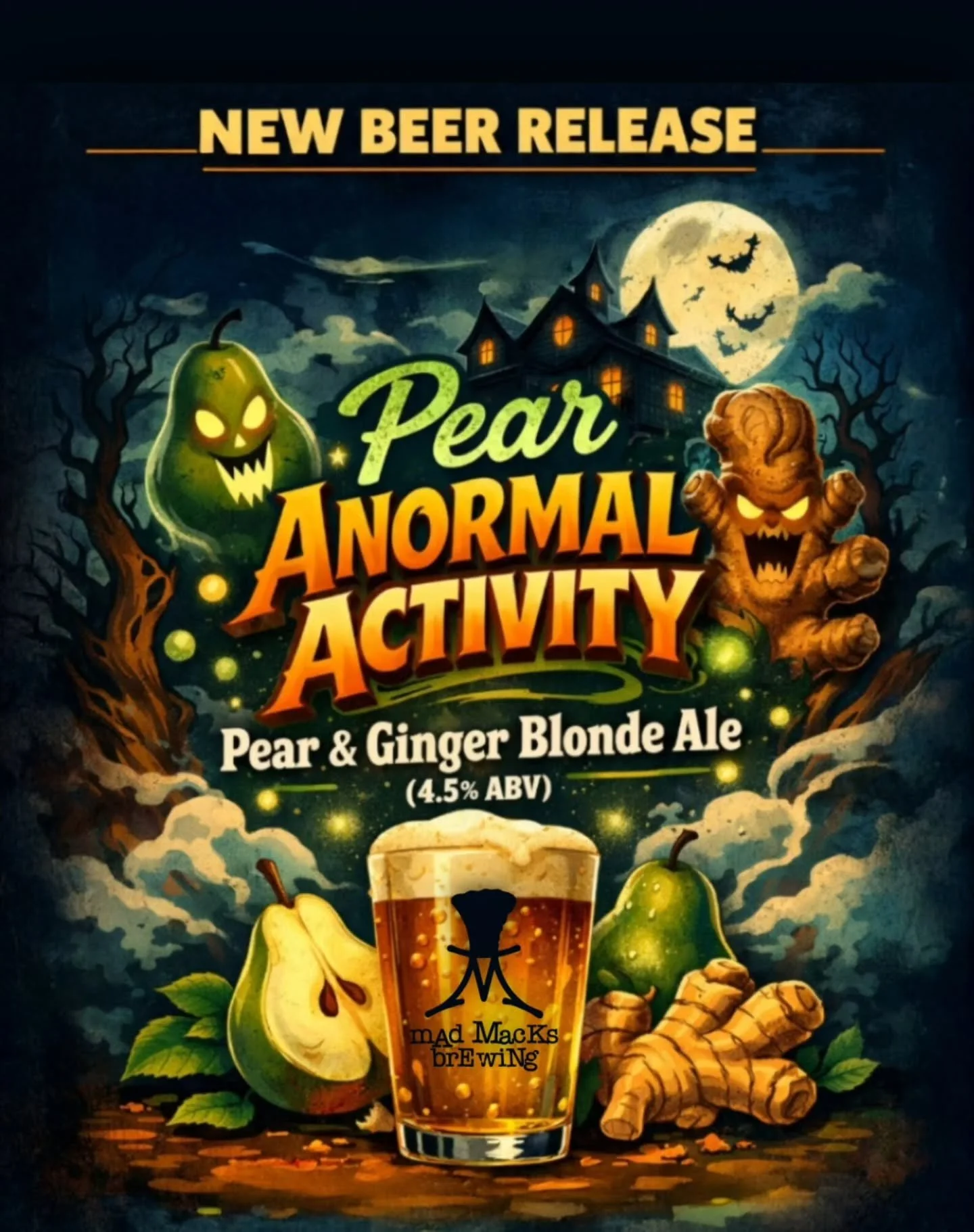 NEW BEER RELEASE: Pear Anormal Activities
Blonde Ale with Pear and Ginger 4.5%

A perfect blend of grains, hops, water, and yeast, added with a perfect blend of juicy Pear. Subtle ginger adds a gentle spice and warmth. Keeping the beer refreshing and