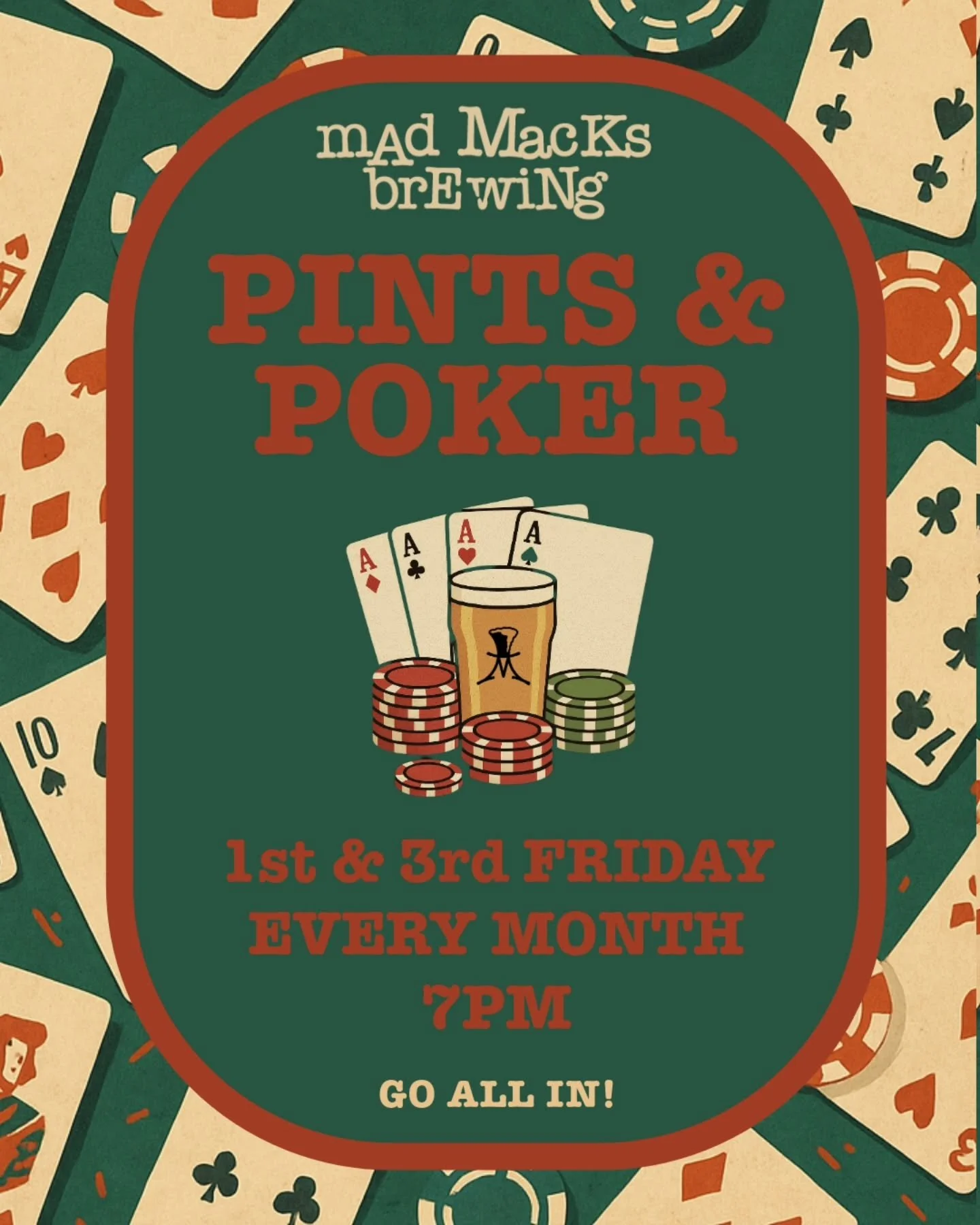 This Friday, Dec. 27 go all in on Texas Hold'em

Free to play so just grab a pint and ante up! Whether you&rsquo;re bluffing-pro or beer-loving beginners, there&rsquo;s a seat at the table.

Every 1st and 3rd Friday of the month!

#MadMacksBrewing #P