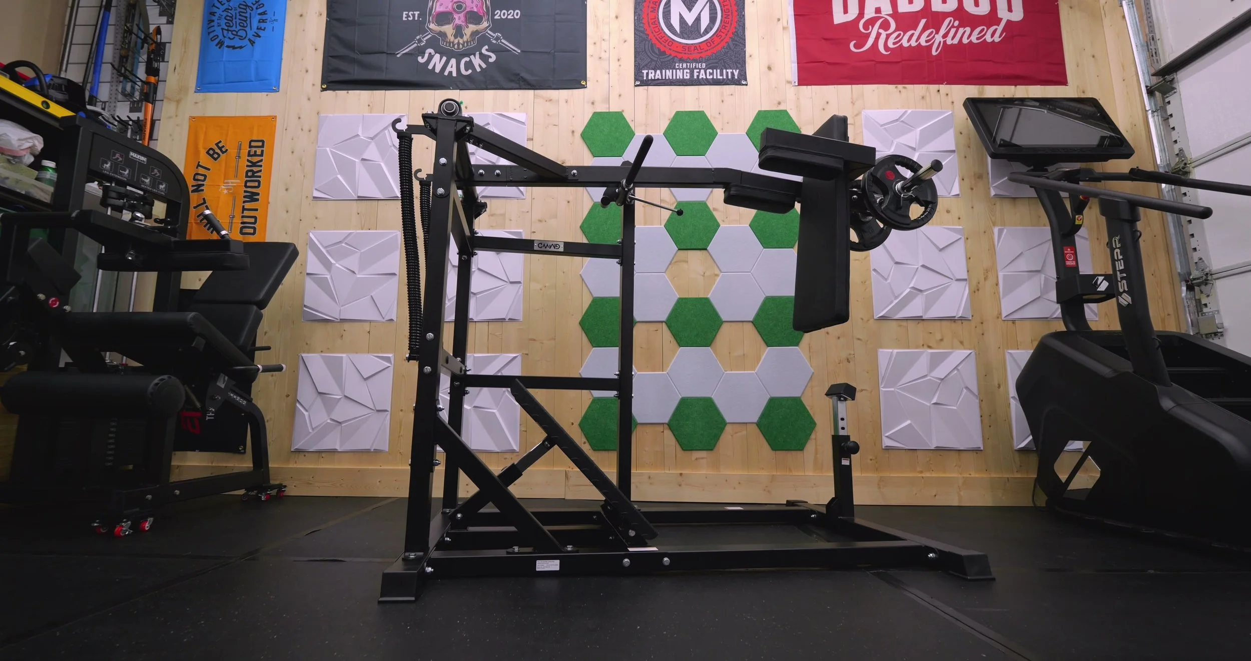 GMWD plate-loaded pendulum squat machine fully assembled in home gym