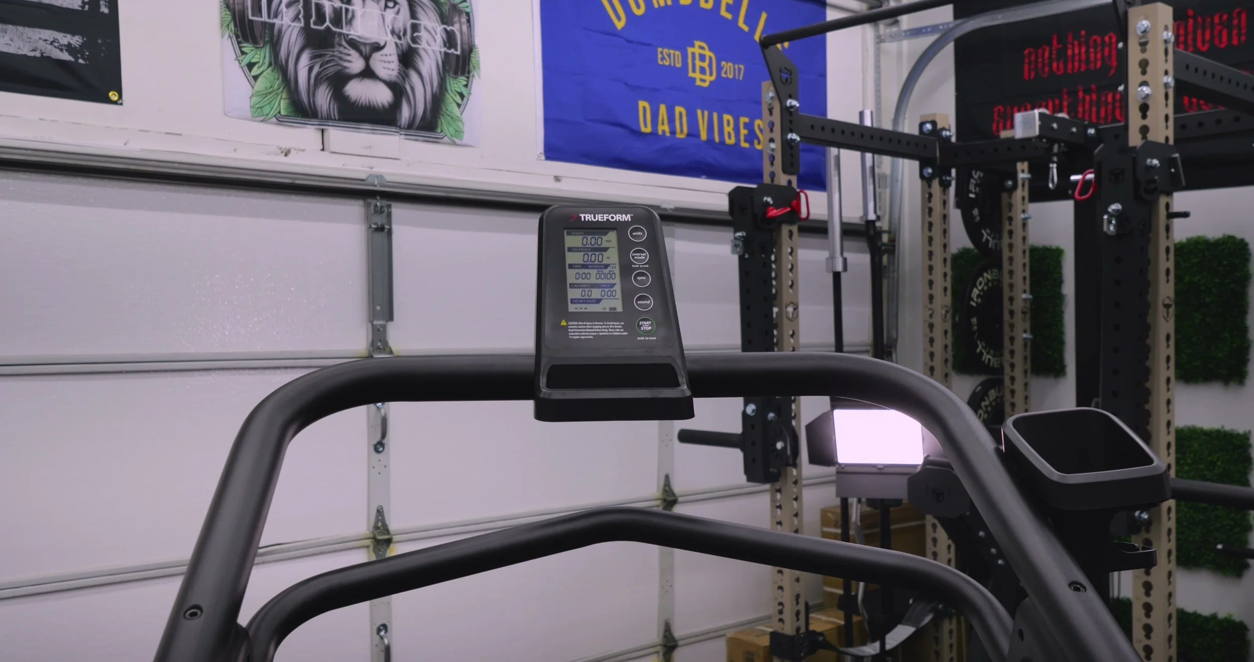 TrueForm Trainer monitor and handrail setup showing limited phone placement area