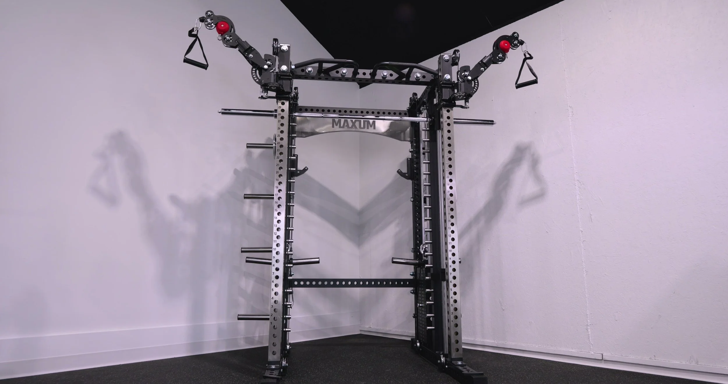 MAXUM X3 functional trainer power rack full setup with mutant arms and built-in smith machine