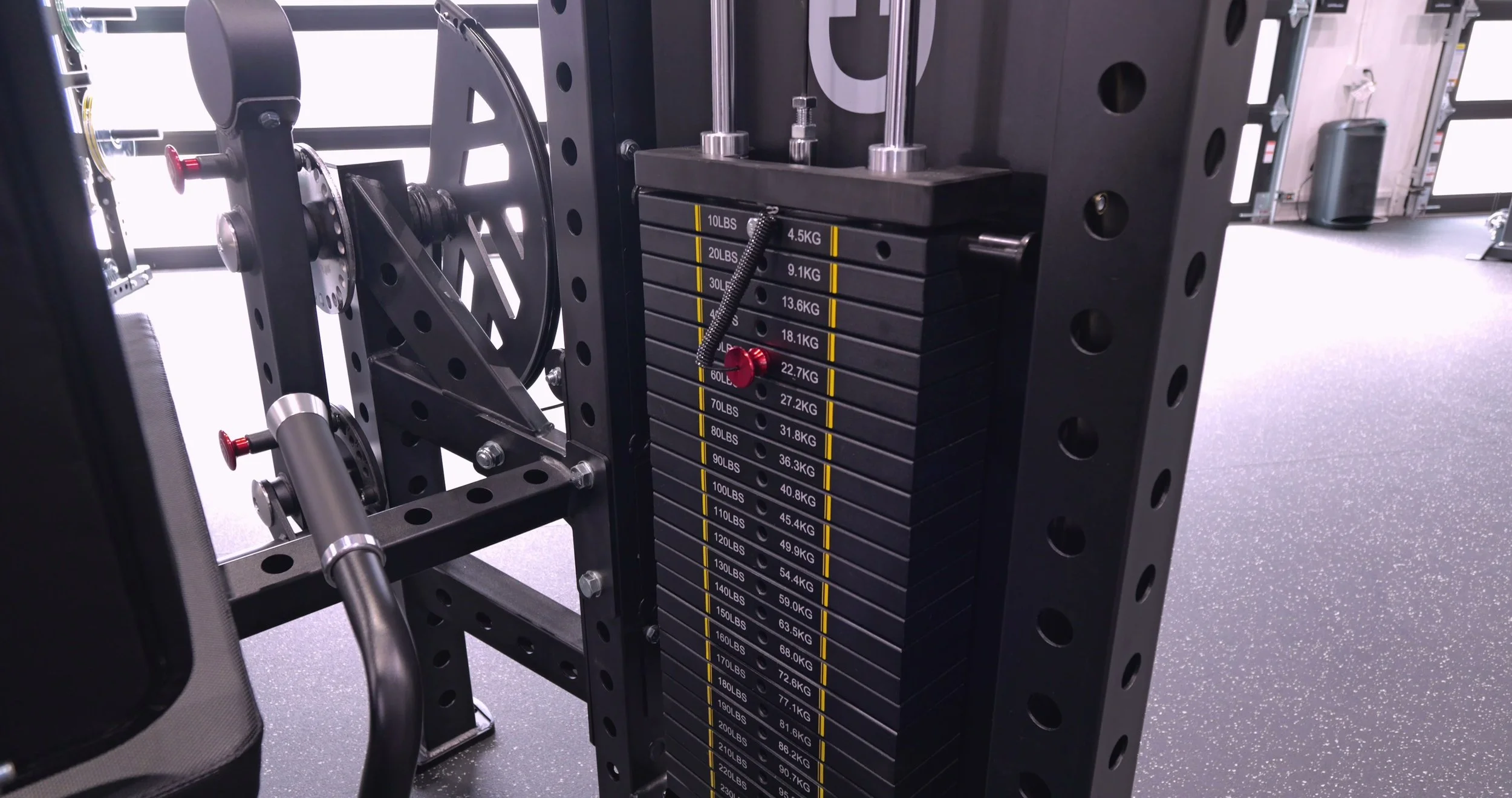 Close up of the 255-pound weight stack and selector pin on the GMWD LE11