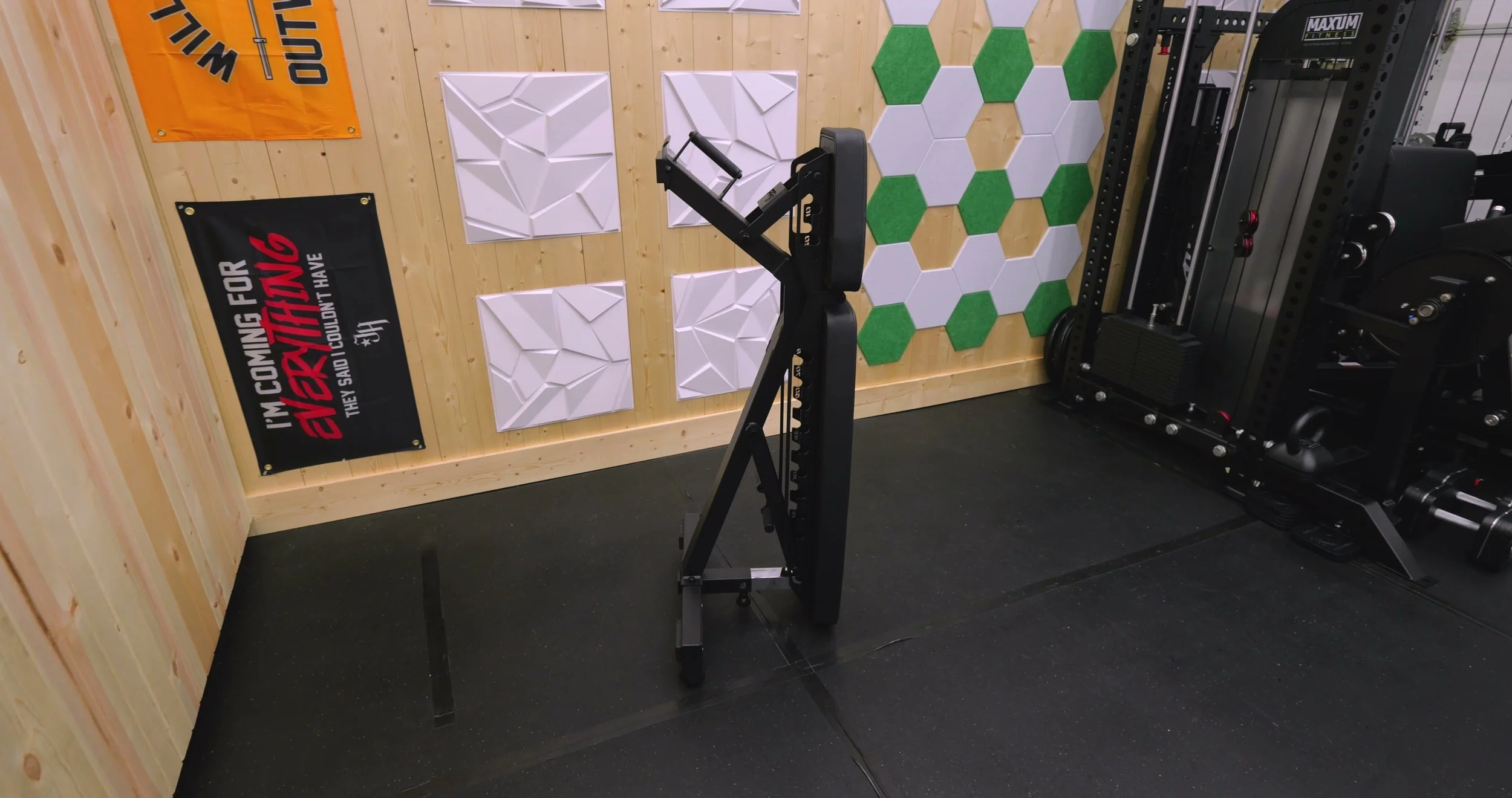 PRX Stealth Bench stored vertically against a wall