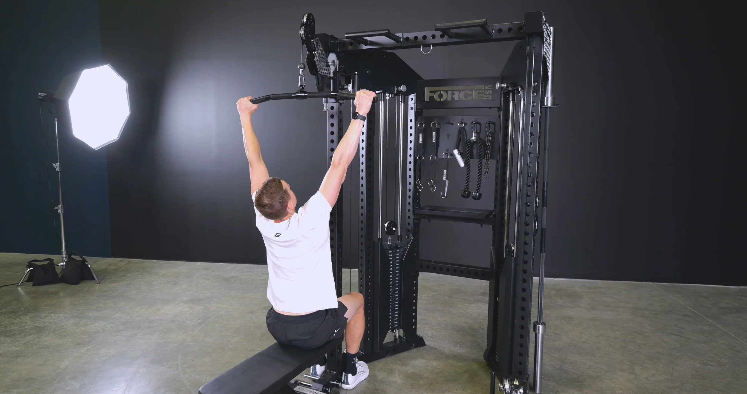 Articulating cable arms on Force USA FTR rack