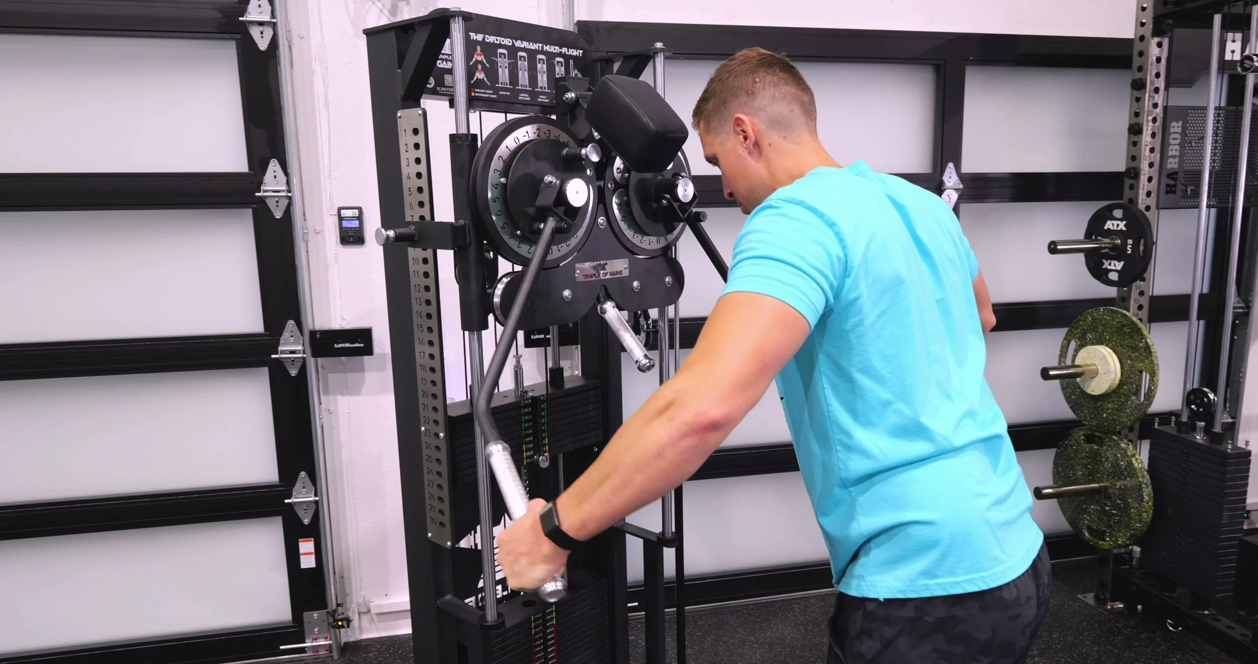 Temple of Gainz Multi-Flight V3 set for a standing chest fly with the arms positioned forward