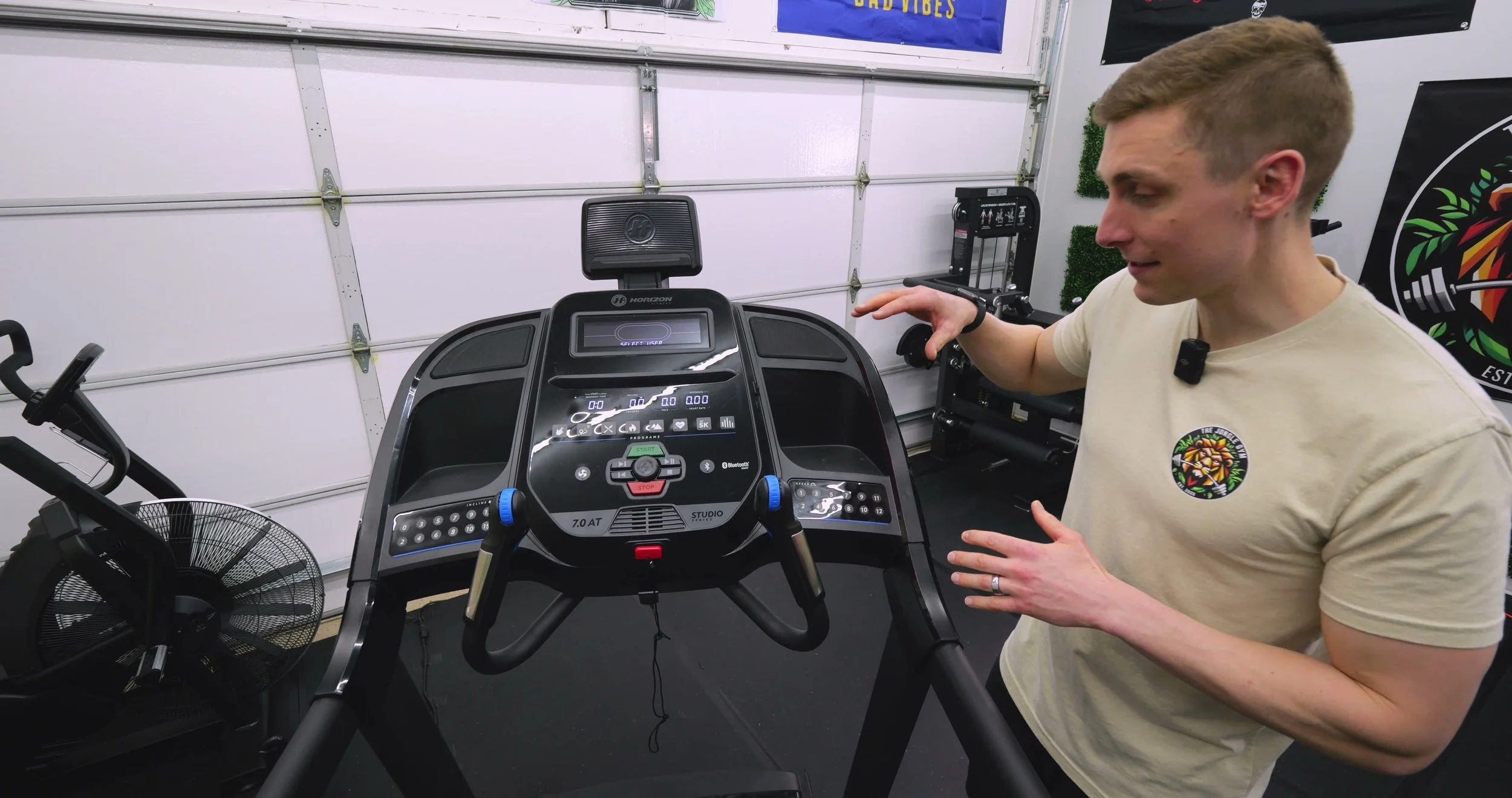 Close-up of Horizon 7.0 AT treadmill quick-dial speed and incline controls