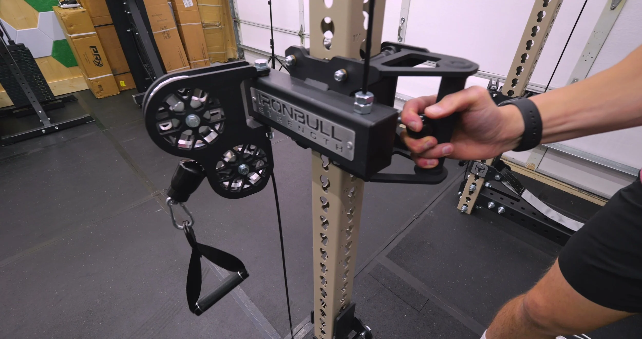 Iron Bull side-mounted plate-loaded cable trolley on Frankenstein uprights