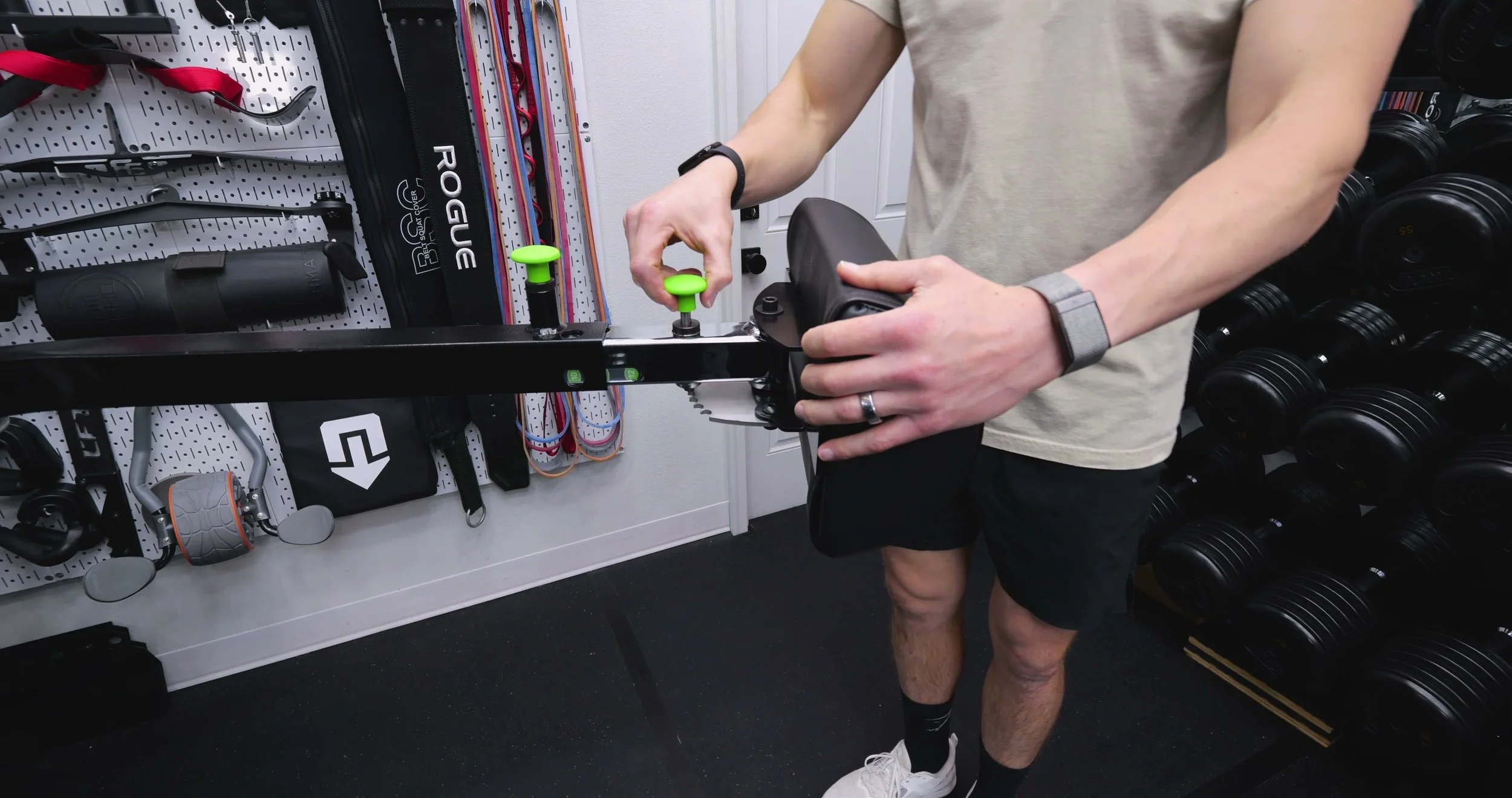 Close-up of stability pad angle adjustment pop pin and indexed positions