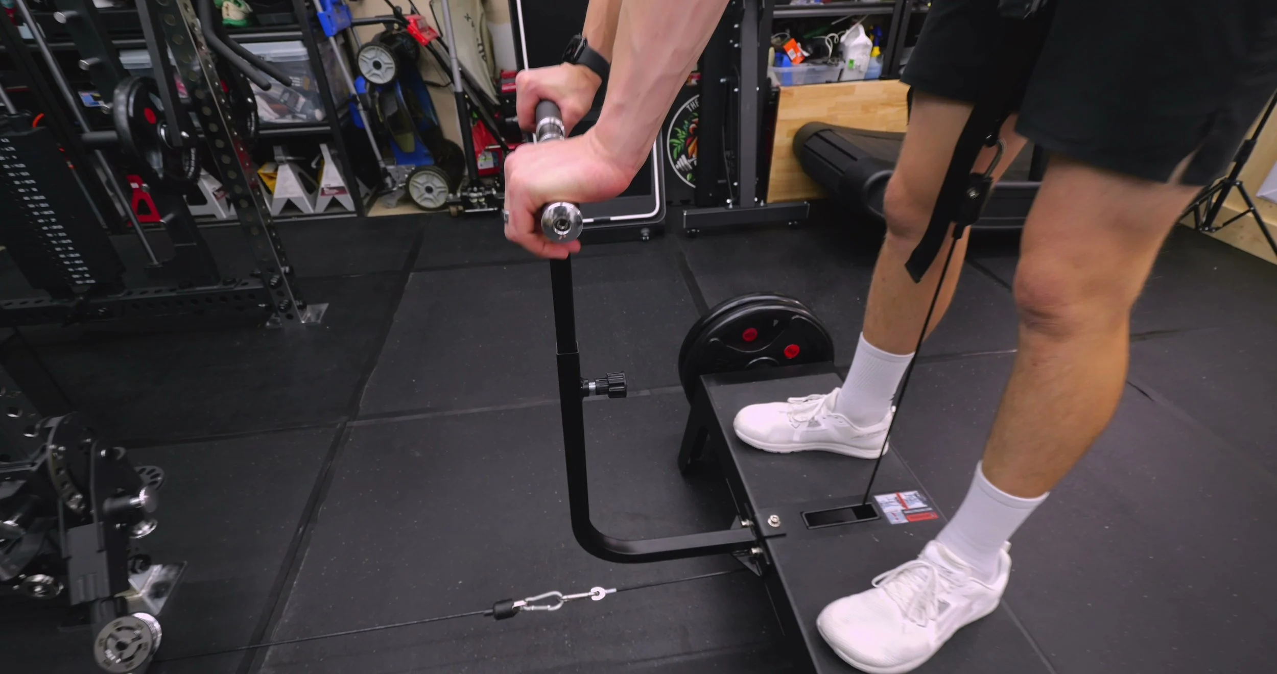 Adjustable stability handle on the BodyKore Squat Box Pro