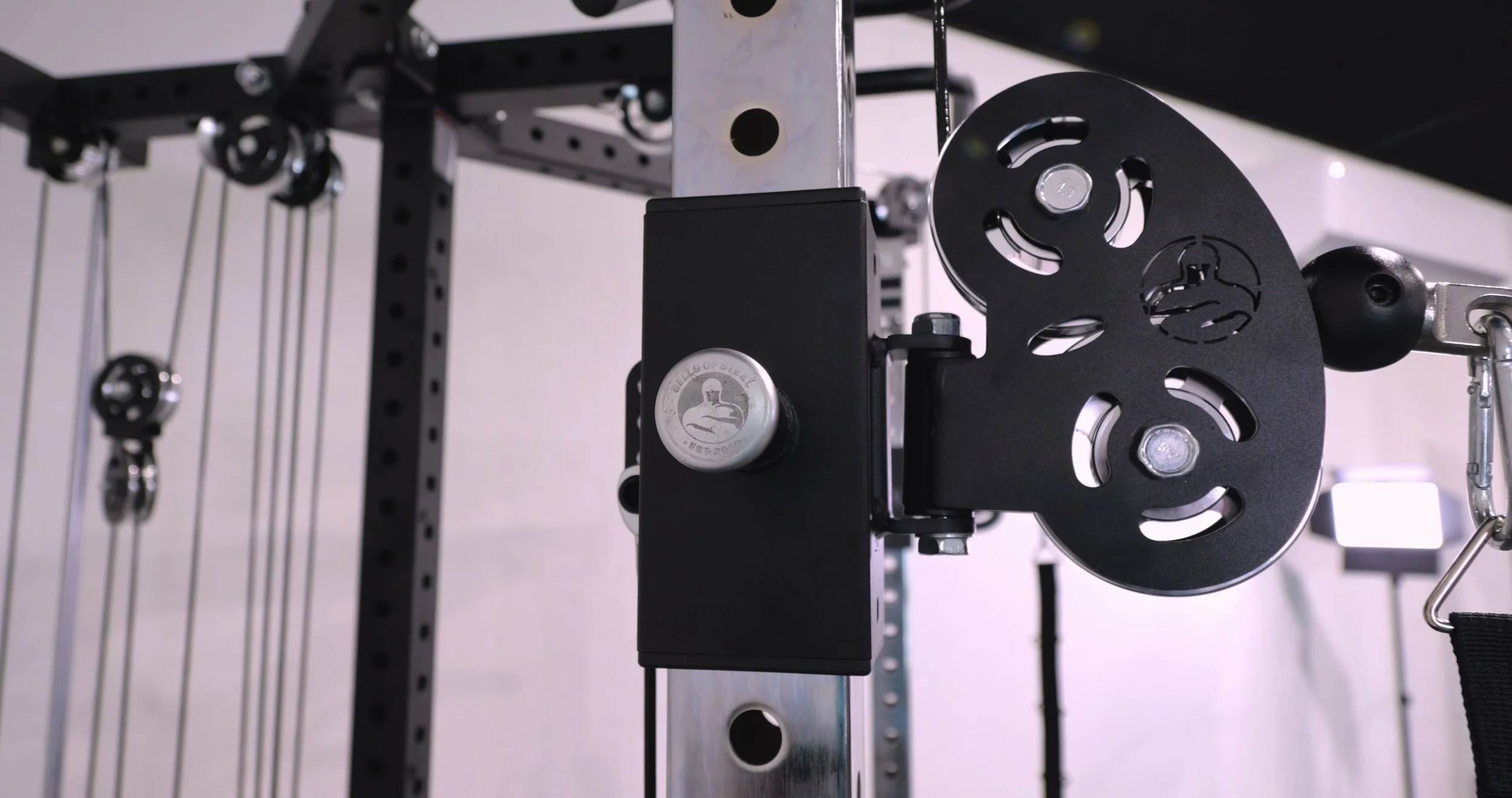 Adjustable side pulley trolley on the Bells of Steel All-in-One Trainer upright