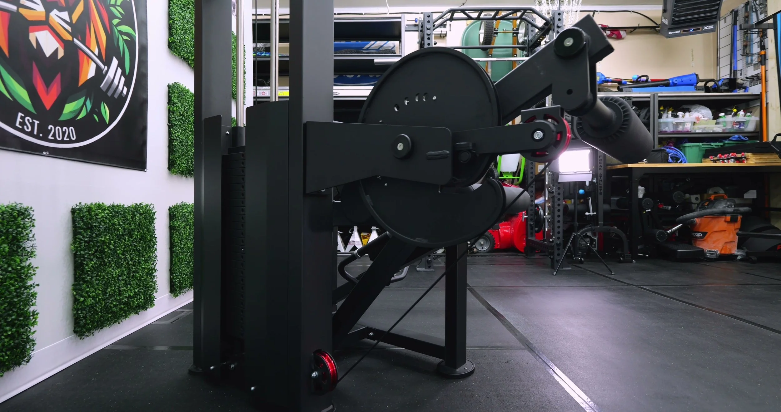 Rear view showing Titan 250 lb weight stack and open back for adder pin use