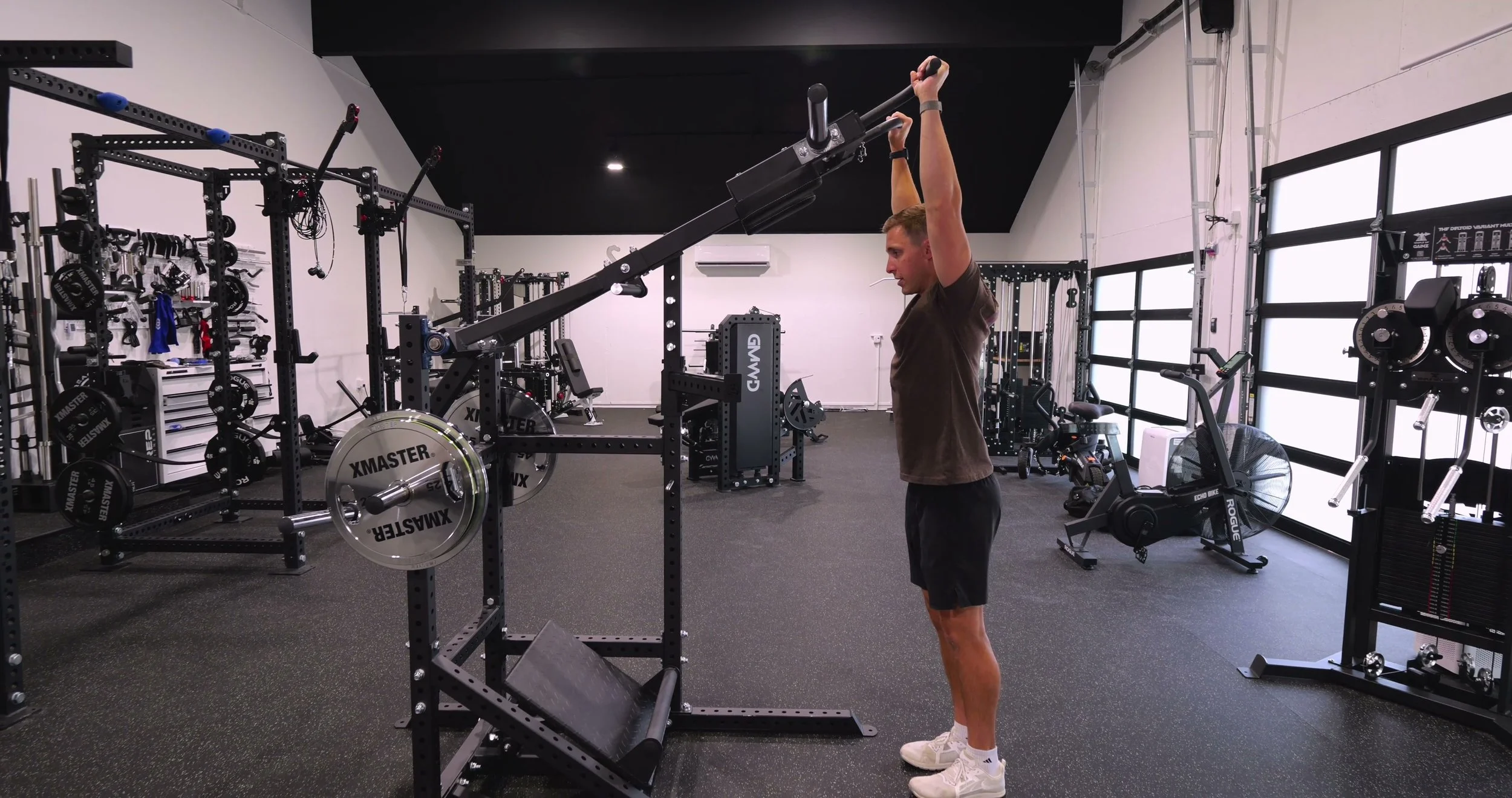The machine configured for Viking press with the back pad removed