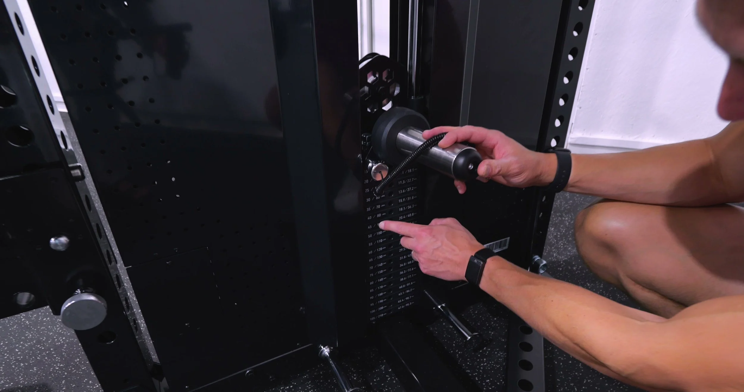 The 210-pound selectorized weight stack with micro-loading plates
