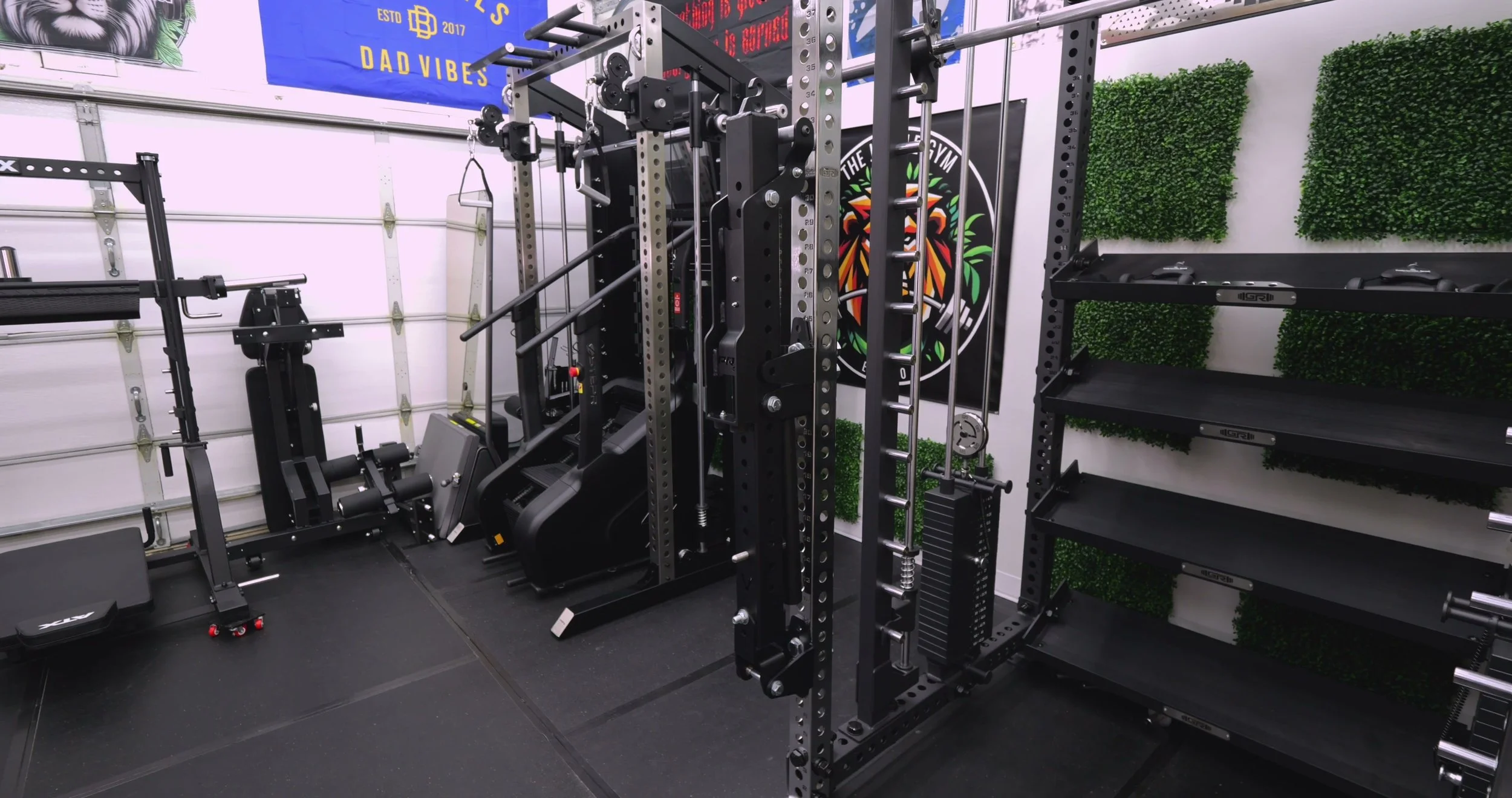 PRx Profile Belt Squat folded into upright storage position on rack