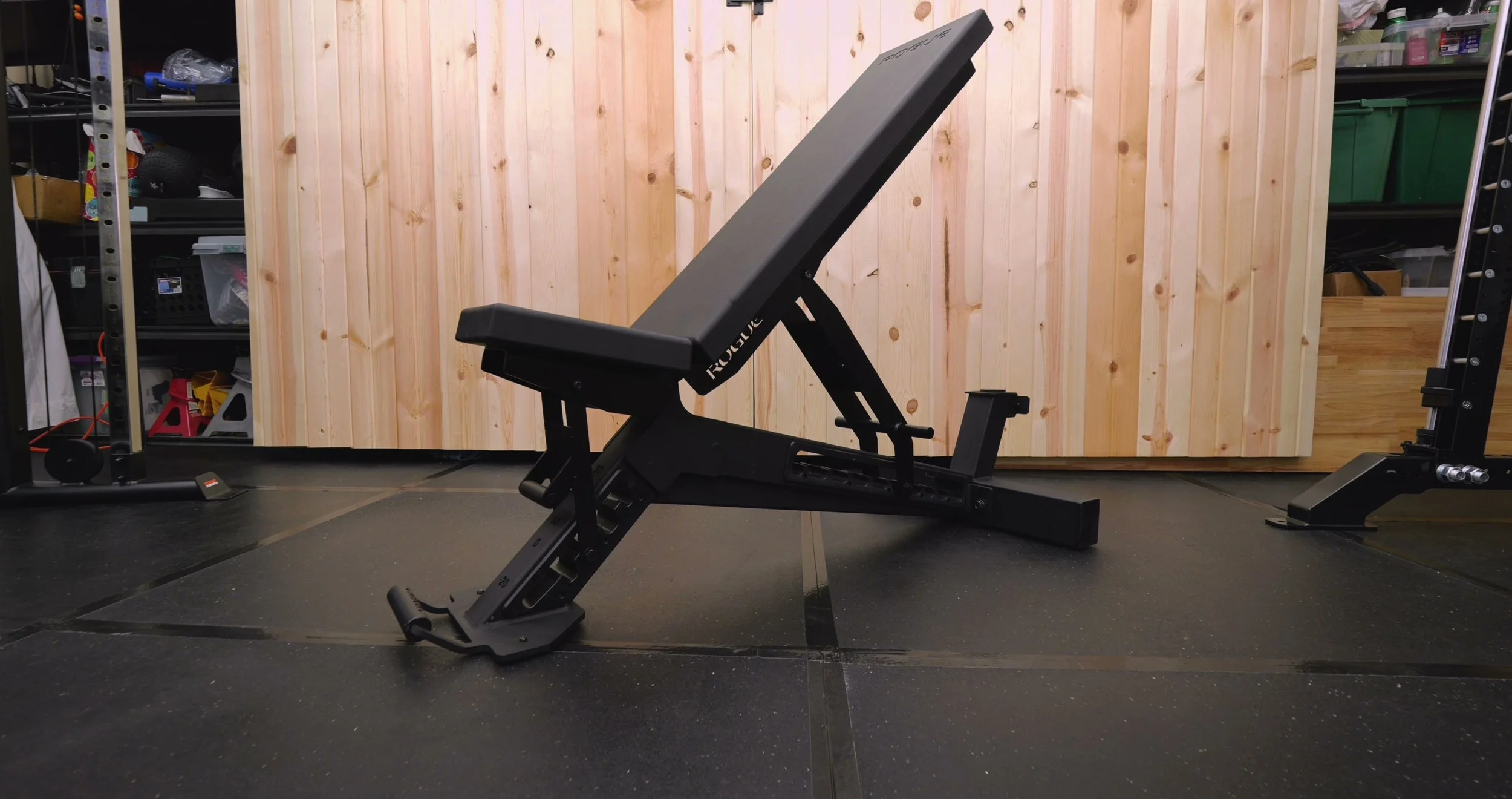 rogue manta ray bench with decline leg roller attachment installed