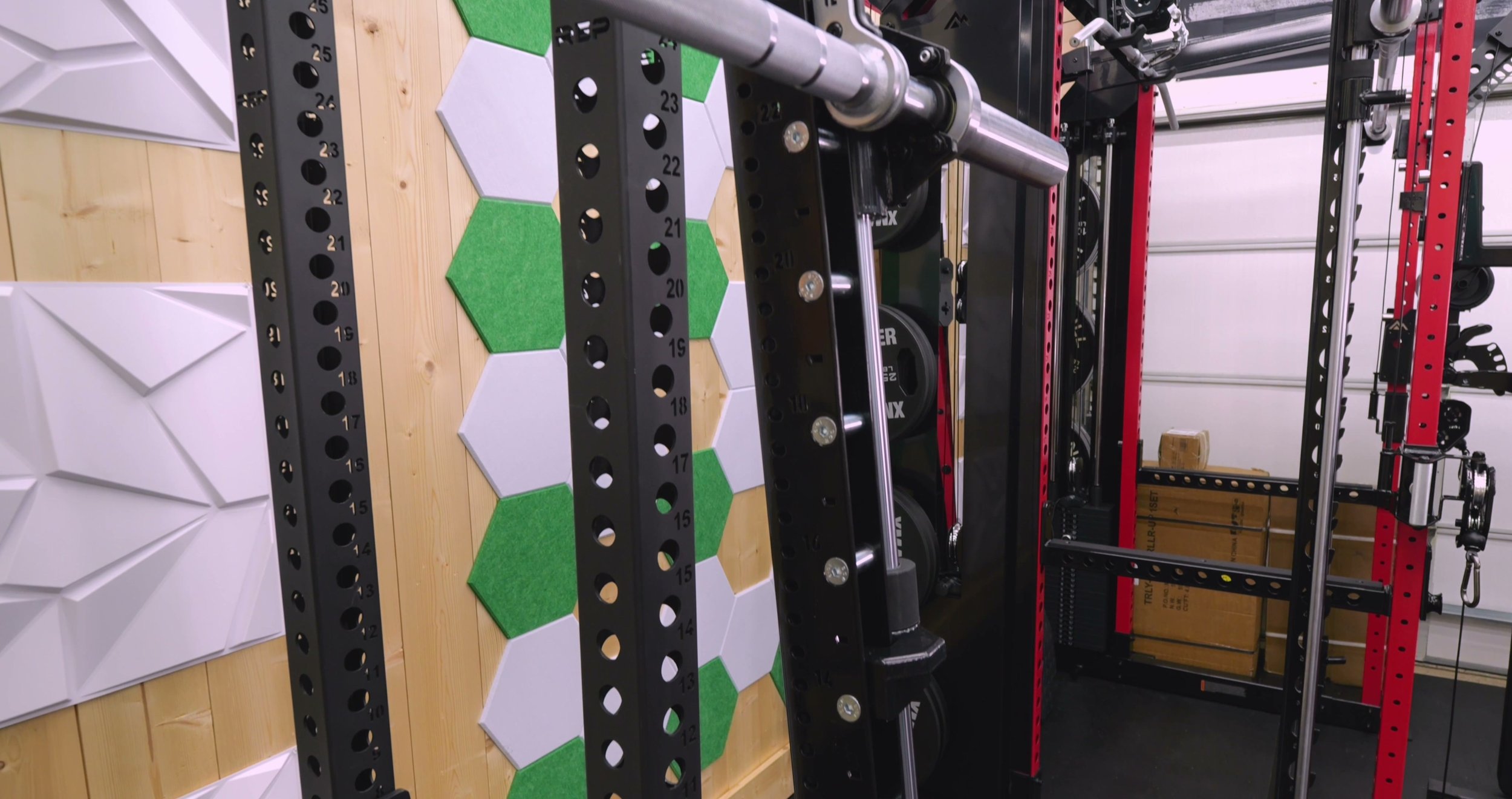 rep smith machine mounted on front of rack with extensions