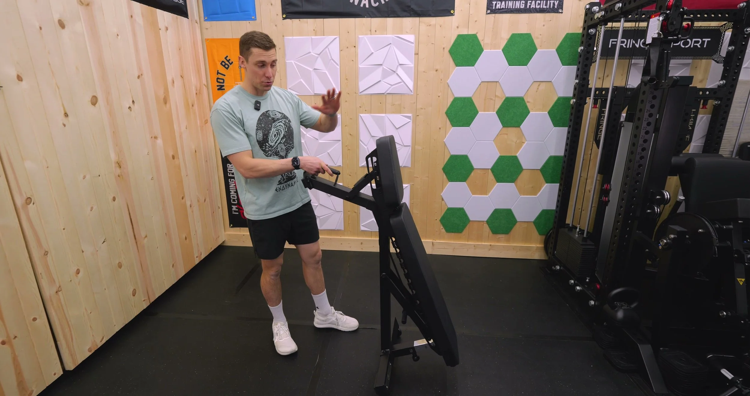 PRX Performance Stealth Bench upright in a home gym