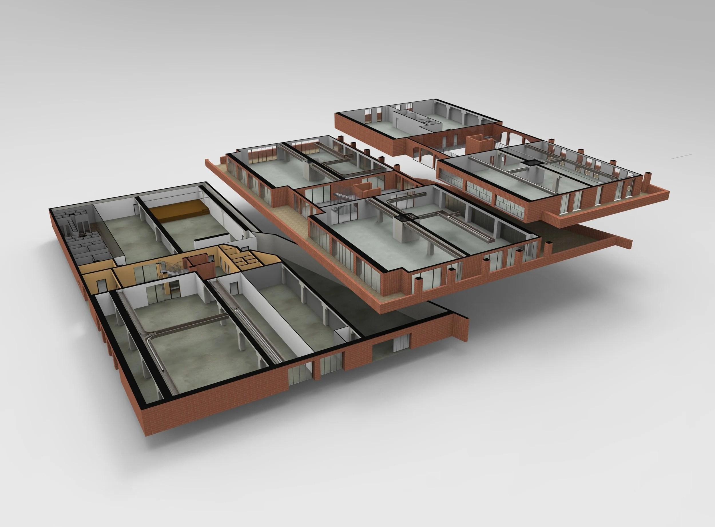3D floor plans of a multi-level brick building showing interior rooms and structural layout.