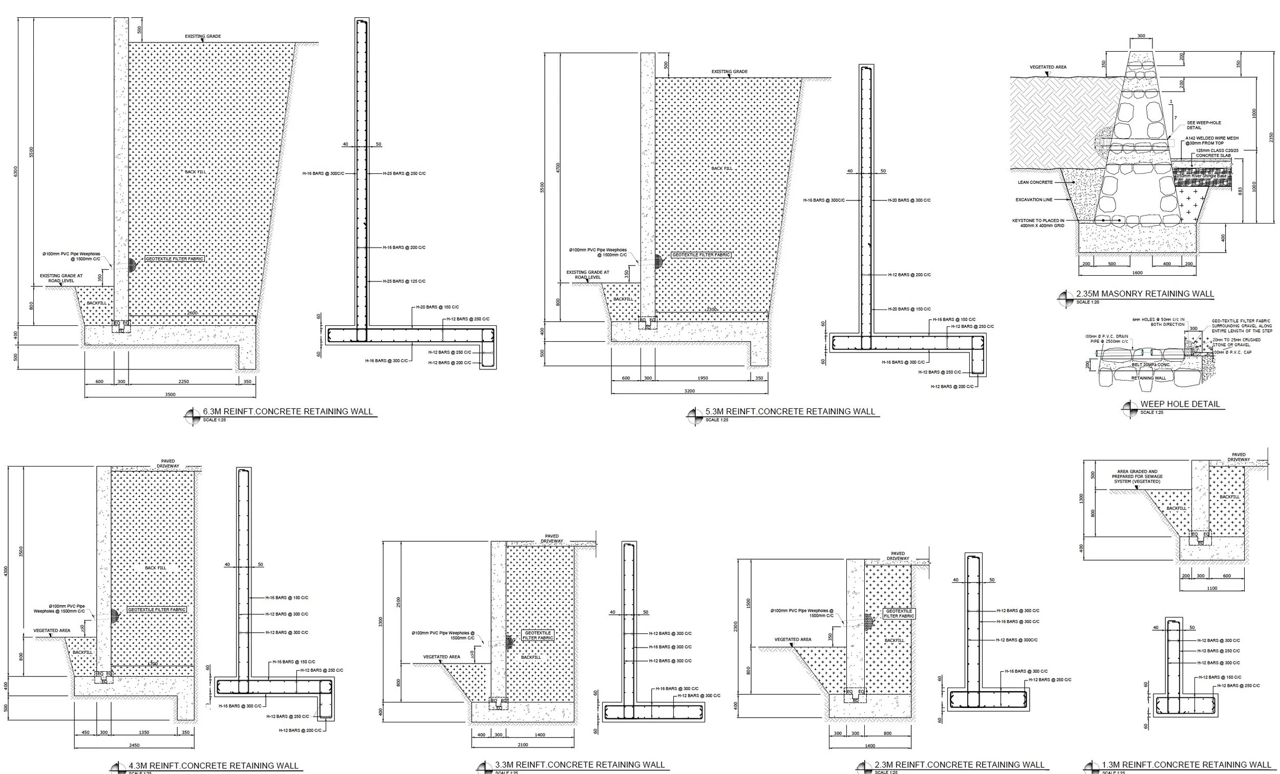 Architectural drawing showing reinforced concrete retaining walls with structural notes and dimensioned details.