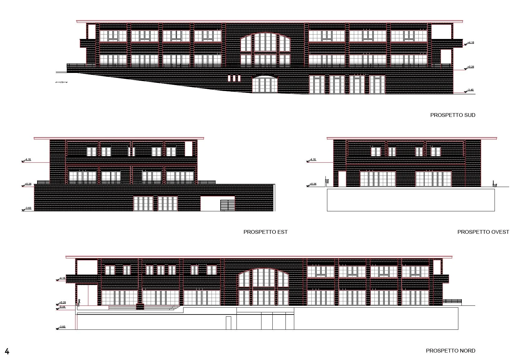 Architectural elevation drawings showing all four sides of a large multi-story building.