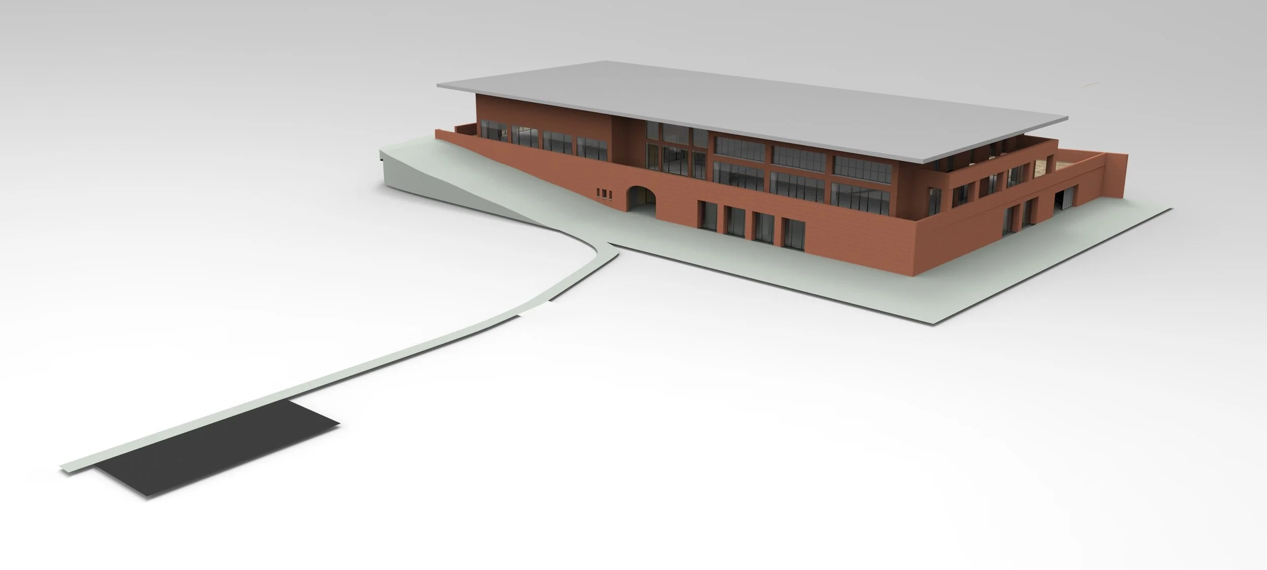 3D model of a modern multi-story building with sloped roof and surrounding roadway.